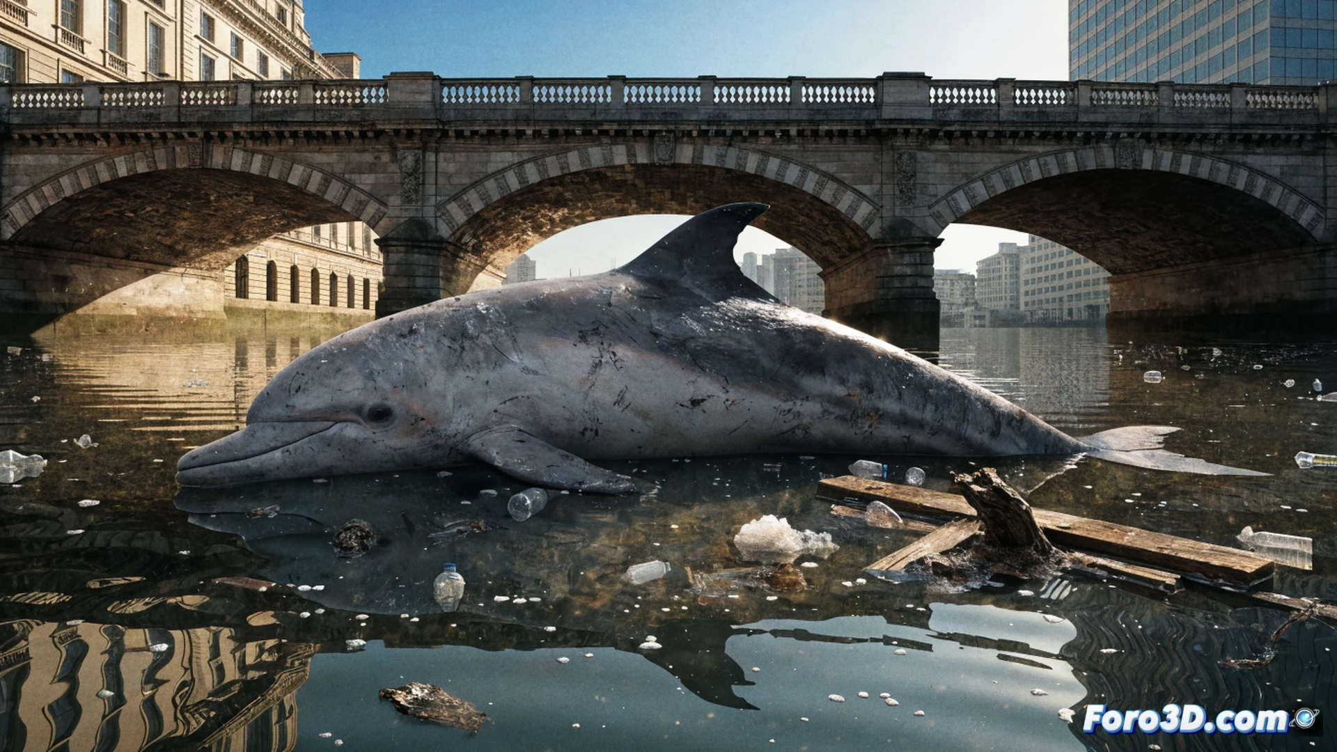 dolphin swimming upstream in murky Thames river water, concrete bridge pillars and industrial dock structures in background, animal showing visible exhaustion and disorientation, water surface reflecting city lights and pollution particles, photorealistic environmental documentary style, underwater and above-water split view, plastic debris floating nearby, fish struggling in oxygen-depleted water, dramatic overcast sky, subtle heat haze effect over London skyline, realistic water turbidity and sediment particles, cinematic lighting with grey-blue color palette, ultra-detailed dolphin skin texture and fin markings