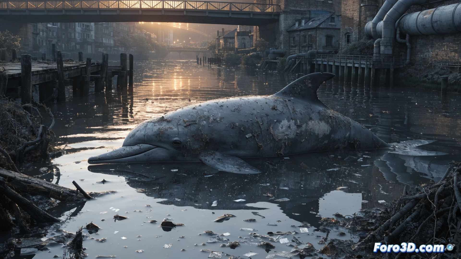 dead dolphin carcass floating in murky Thames water near industrial pipe discharging orange chemical waste, toxic foam spreading across surface, distant London skyline blurred by smog, environmental monitoring drone hovering above with red warning light blinking, underwater view showing plastic particles and sediment swirling around dolphin body, photorealistic cinematic visualization, dramatic overcast lighting, cold blue-green water color, hyper-detailed decay textures, pollution particles visible in suspension, wide-angle lens perspective emphasizing scale of contamination vs single animal