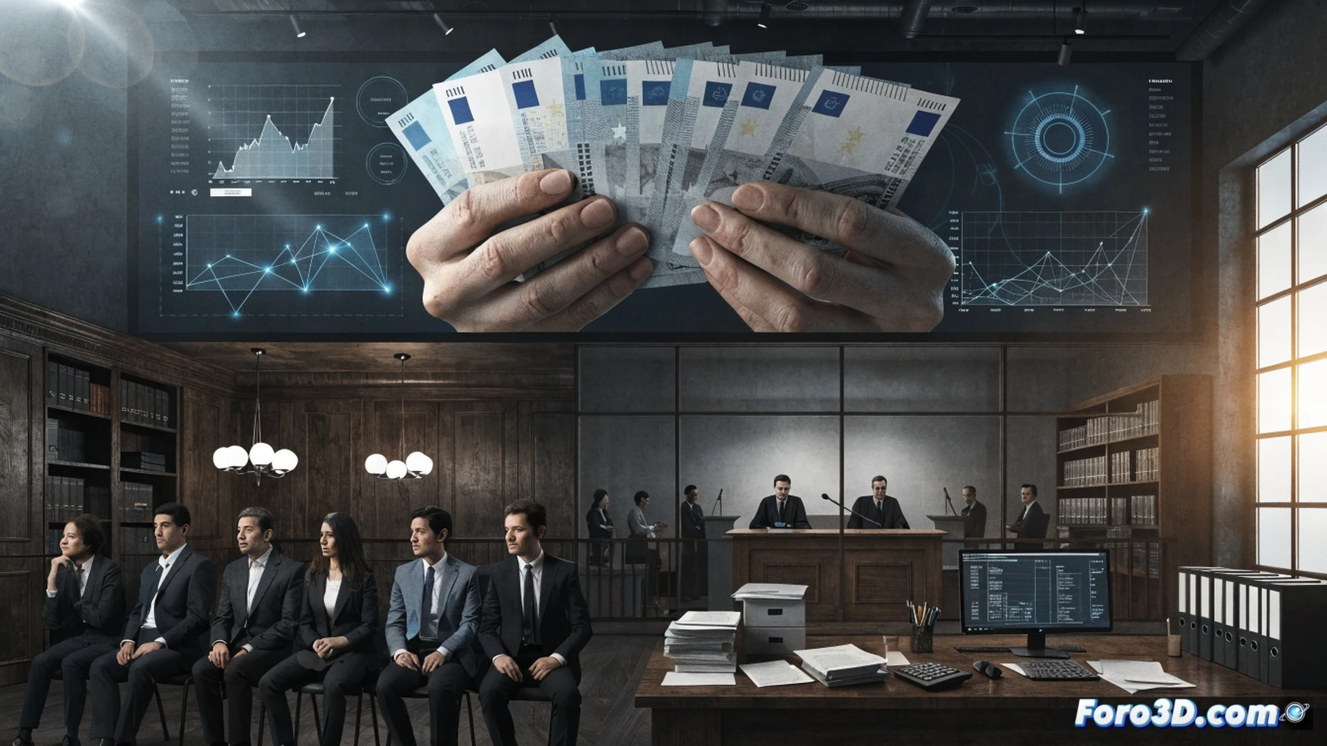 Investigación forense financiera en laboratorio oncológico, seis carpetas de empleados apiladas junto a documentos marcados con sellos de auditoría, gráficos de barras mostrando flujos de 400k y 781k euros desviados, pantalla de ordenador con software de contabilidad abierta, sello de Oficina Antifrau sobre un expediente, puerta de cristal con cartel de Institut contra la Leucèmia, calendario señalando julio 2026, luz fría de oficina gubernamental, estilo cinematográfico realista, sombras dramáticas, texturas de papel arrugado y carpetas azules, fotorealismo técnico.