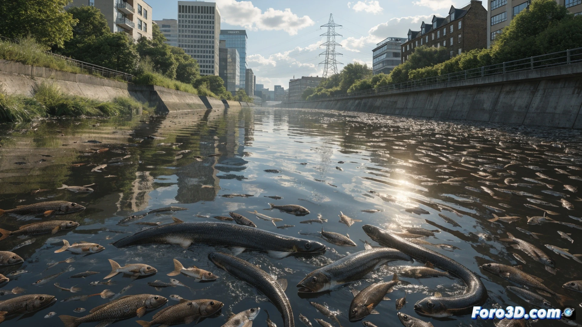 contaminación química fluyendo río abajo en el río Pool, cientos de peces muertos flotando boca arriba entre rocas cubiertas de espuma tóxica, una anguila europea agonizante retorciéndose en aguas turbias, un técnico de la Agencia de Medio Ambiente con traje blanco de protección y respirador tomando muestras de agua con un frasco de vidrio y un sensor portátil, mientras otro operario despliega una barrera absorbente de color naranja en la orilla, fondo de puente urbano de ladrillo visto y vegetación marchita, iluminación nublada y fría, estilo fotorrealista cinematográfico con detalles técnicos de equipos de muestreo y contención, alta definición de texturas de agua contaminada y escamas de peces