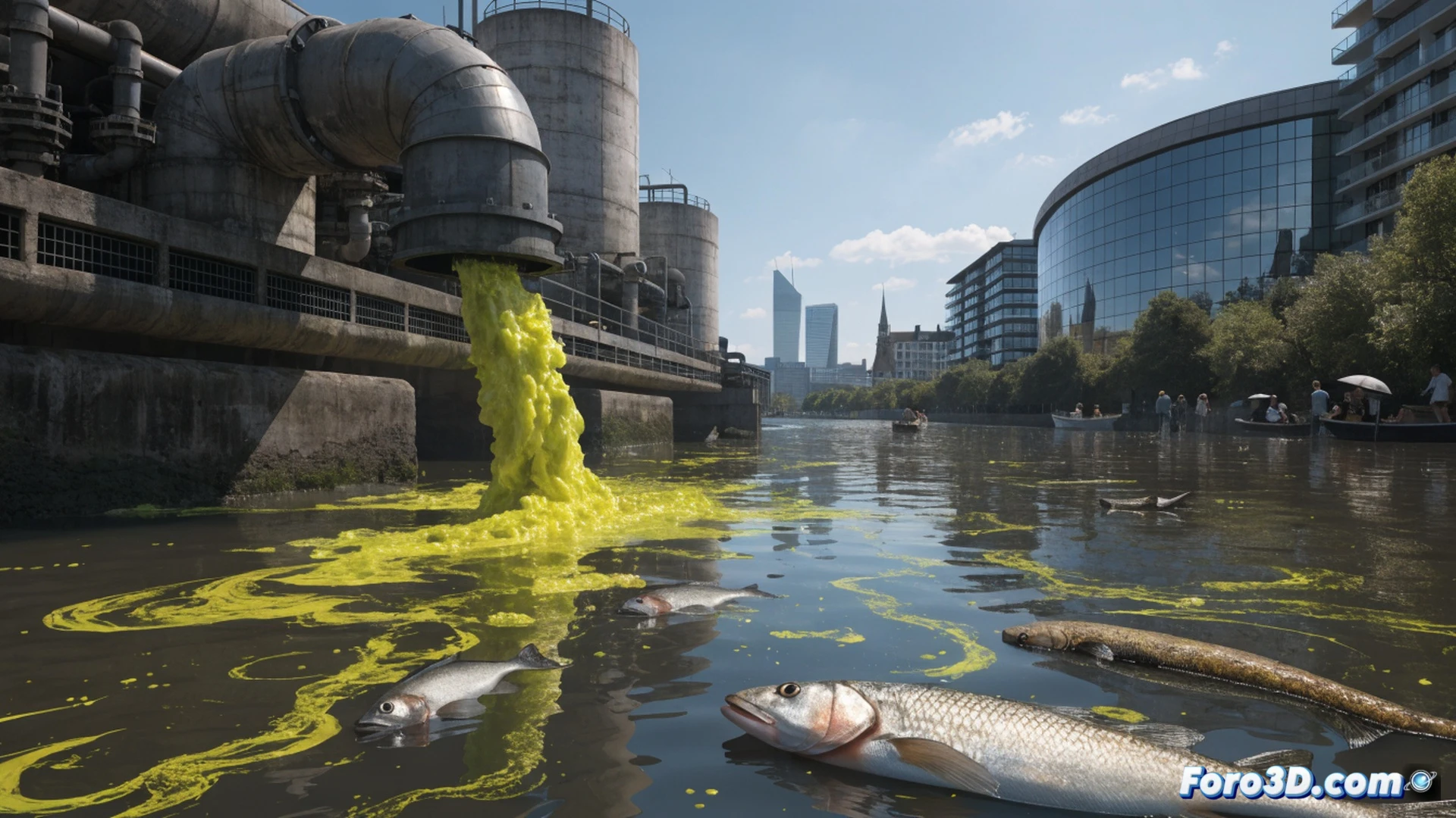 toxic spill in Thames River tributary, hundreds of dead eels and fish floating belly-up among polluted dark water, a corroded industrial pipe actively leaking greenish chemical sludge into the stream, water sampling equipment and orange safety cones placed on muddy bank, a biologist in protective suit collecting contaminated water sample with glass vial, distant Thames Water corporate sign visible but faded, cinematic photorealistic environmental disaster scene, dramatic overcast sky, reflections of toxic sheen on water surface, high detail on fish scales and pipe rust, moody industrial lighting, ultra-detailed technical illustration style