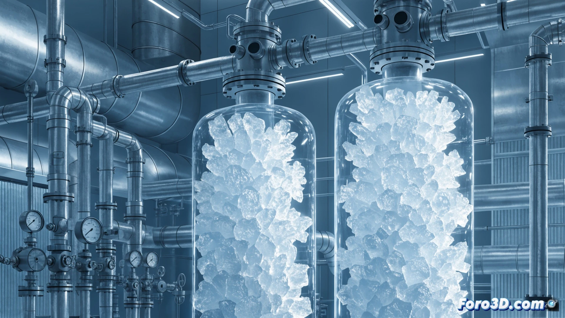 vacuum freezing desalination process, seawater in a transparent chamber under reduced pressure, ice crystals forming and growing while salt is expelled as brine droplets, pure ice floating upward, technical cutaway view showing vacuum pump and cooling coils, realistic engineering visualization, cold blue lighting, frost on chamber walls, crystalline ice structure details, motion of brine separation visible, industrial laboratory setting, photorealistic technical illustration