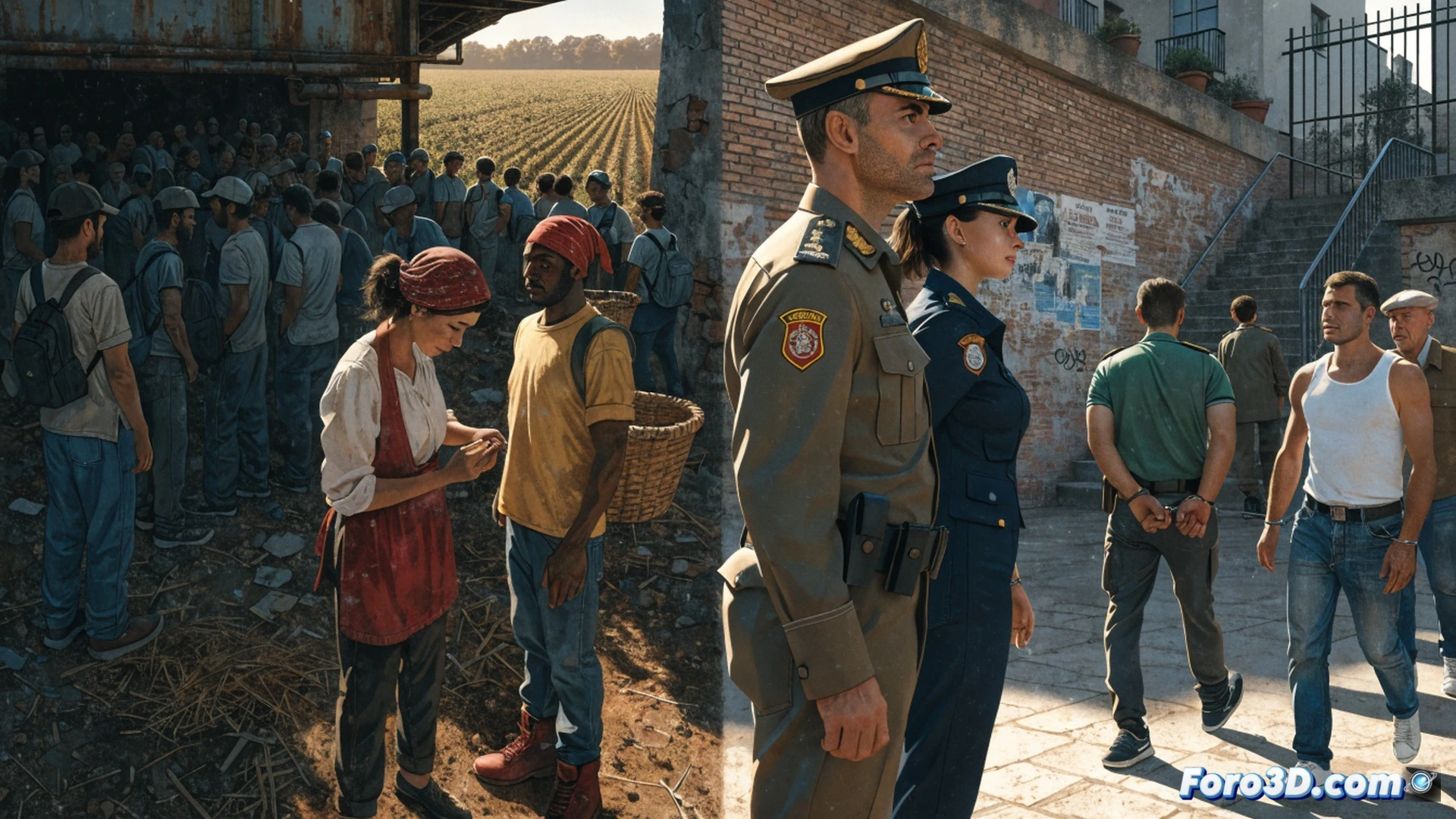 Guardia Civil officer examining a tractor with forensic gloves, Portuguese workers showing empty wallets and bruised hands, a smartphone displaying a fake job advertisement, a ledger book with stolen salary records, handcuffs on a farm owner, rustic Spanish agricultural field, dramatic dusk lighting, cinematic photorealistic style, high-contrast shadows, documentary evidence scattered on dry soil, technical crime scene visualization, hyper-detailed textures of machinery and clothing