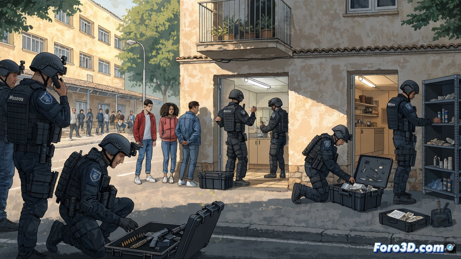 Exterior nocturno de un edificio residencial junto a un colegio, agentes de Mossos d’Esquadra registrando un piso, mostrando sobre una mesa bolsas de cocaína, fajo de billetes de 50 euros, una pistola negra, un machete de acero y una libreta con anotaciones manuscritas de ventas, durante la intervención policial, estilo cinematográfico fotorrealista, iluminación tenue con focos tácticos, sombras marcadas, textura de pared desconchada, atmósfera de tensión controlada, plano contrapicado desde el umbral, detalle técnico de las armas y el dinero, escena de acción estática pero narrativa
