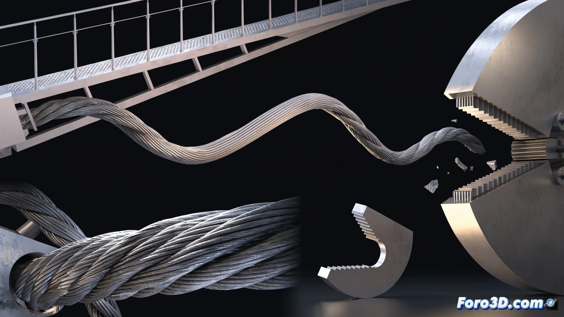 funicular cable car derailing underground tunnel, steel cable with asymmetric wavy wear pattern breaking at jaw clamp, 3D scanning laser projecting grid onto fractured cable surface, dynamic simulation software interface showing particle debris trajectories, forensic engineers analyzing broken components with digital calipers, cinematic engineering visualization, dark industrial tunnel environment, sparks from grinding metal, detailed wire rope strands unraveling, photorealistic technical illustration, dramatic low-angle lighting, ultra-sharp mechanical textures