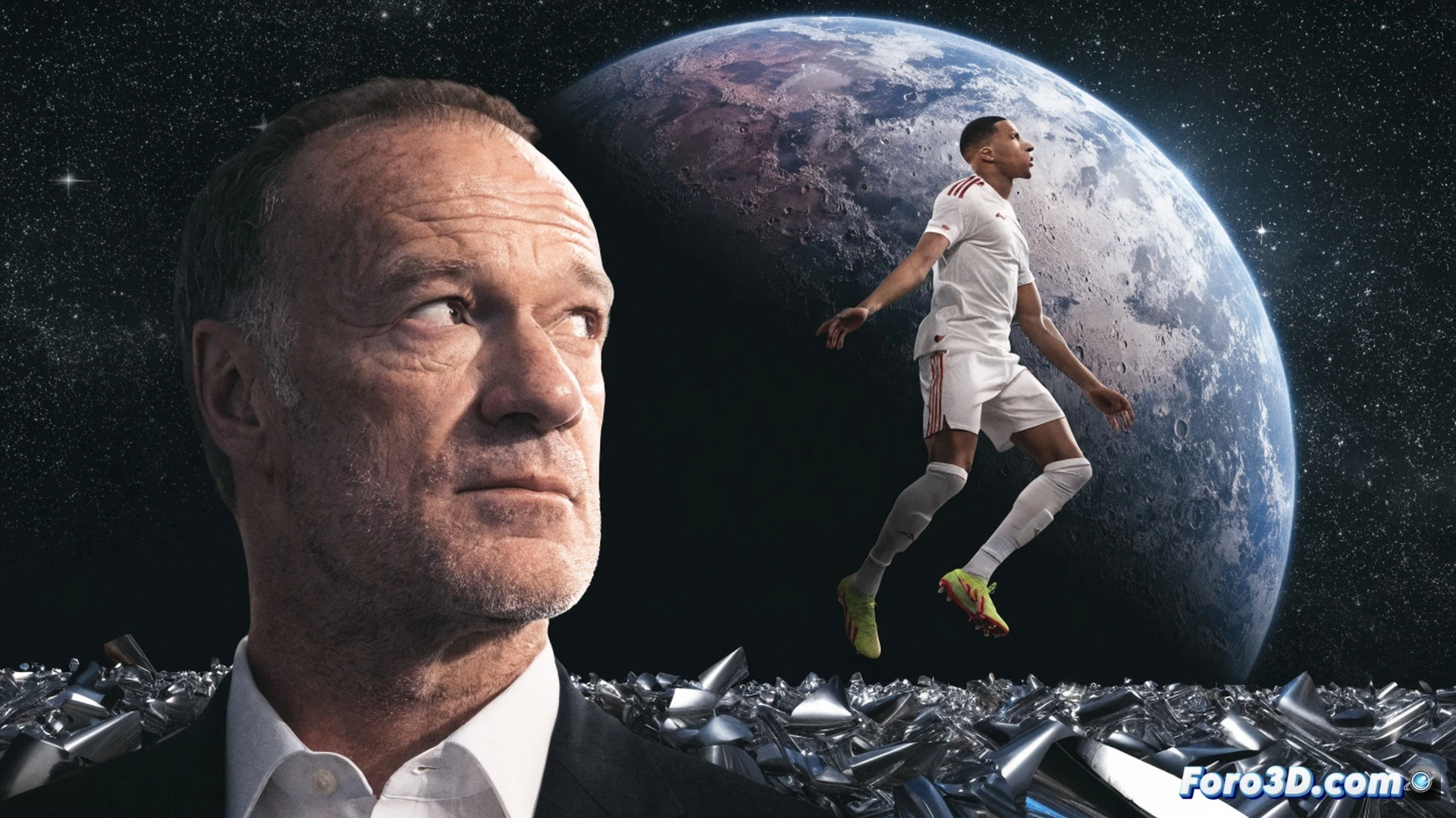 stadium floodlights illuminating a football pitch at night, Kylian Mbappé mid-air volleying a ball with explosive power, ball trailing neon blue energy streaks, Didier Deschamps on sidelines gesturing upward with awe, crowd blurred in ecstatic motion, cinematic sports visualization, hyper-realistic skin texture and sweat droplets, dramatic low-angle shot, dynamic motion blur, glowing particle trails around the ball, ultra-detailed grass blades and boot studs, photorealistic technical render