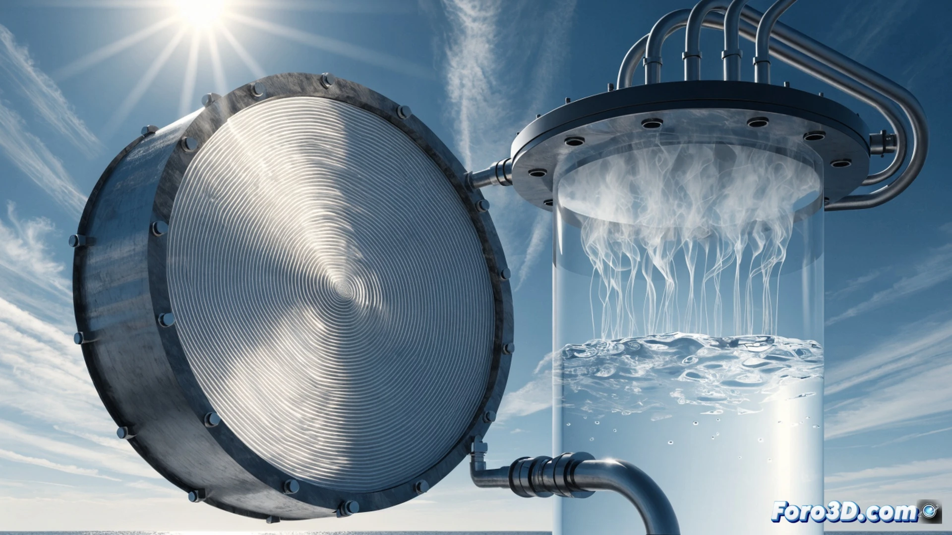 solar vacuum membrane distillation system in action, seawater flowing into a transparent tank with a hydrophobic membrane sheet separating it from a vacuum chamber, water vapor passing through the membrane while salt crystals accumulate on the feed side, sunlight concentrated by parabolic mirrors heating the seawater directly, a glass collection tube capturing pure condensed water droplets, technical engineering visualization with cross-section view of membrane pores, blue and orange thermal gradient lighting, photorealistic industrial render, detailed surface textures on membrane fibers, vacuum gauge and pressure indicators visible, clean water flowing into a glass beaker