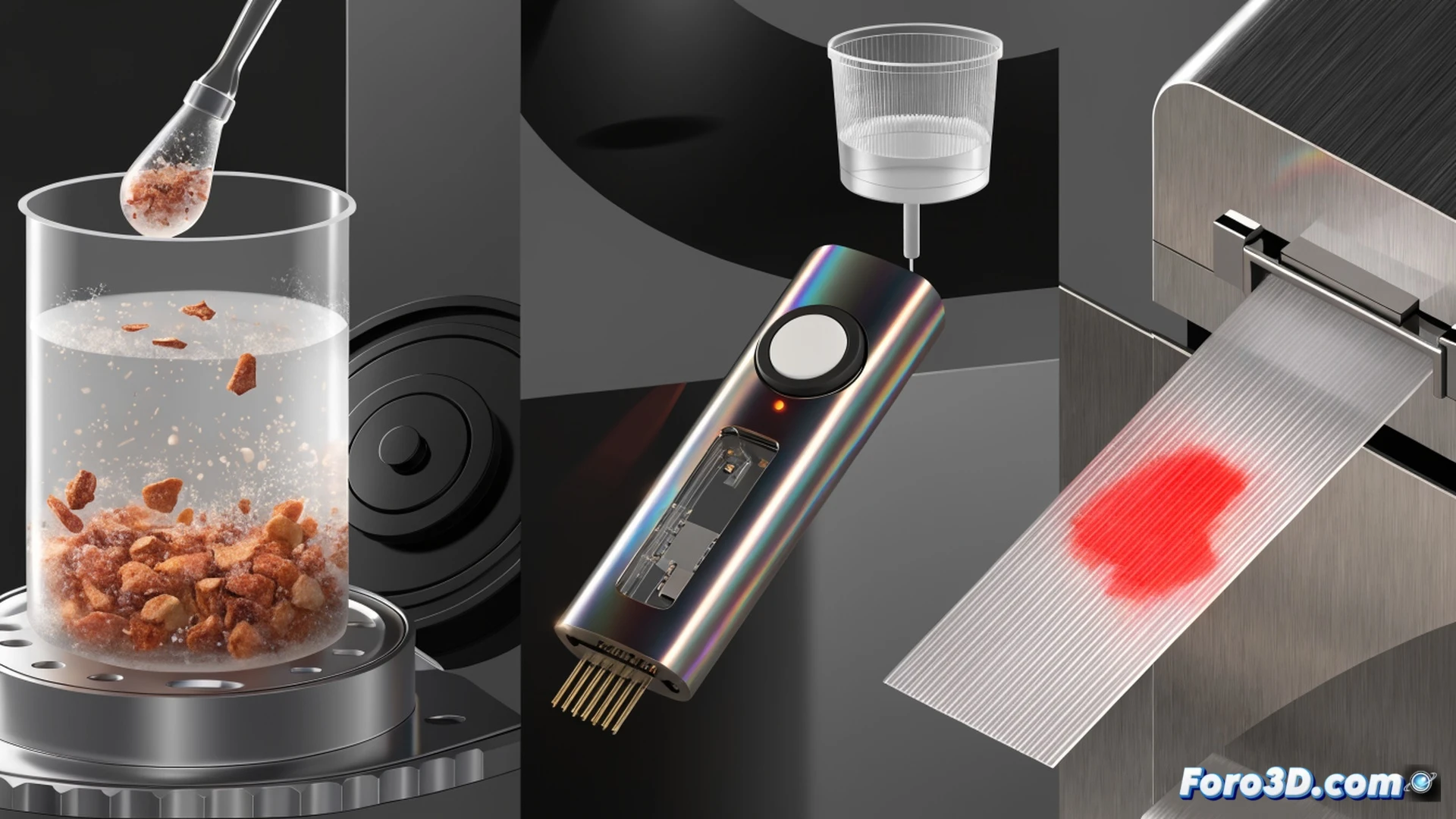 photorealistic technical illustration, a person holding a portable allergen detection device over a plate of food, close-up of hand inserting a food sample into the device, small test strip visible inside with colored lines appearing, digital timer display showing 2 minutes 45 seconds, device similar to a pregnancy test but with food icon and allergen symbols, kitchen counter background with scattered ingredients, dramatic lighting highlighting the test result window, ultra-detailed plastic casing, shallow depth of field focusing on the test strip reaction zone, cinematic product photography style