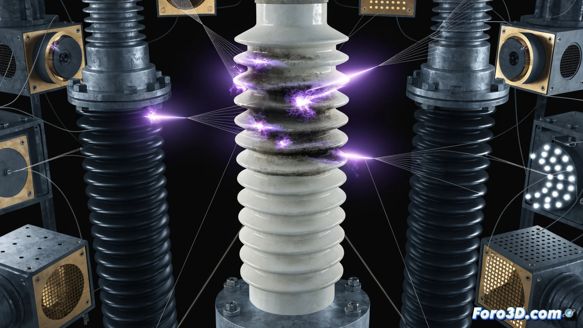 high-voltage transmission tower at dusk, faint blue-violet corona discharge glowing along a ceramic insulator string, optical fiber sensor cable wrapped around the tower arm, close-up showing a maintenance engineer using a handheld ultraviolet camera to scan the insulator while a laptop screen displays real-time spectral analysis with glowing fault location markers, cinematic engineering visualization, dramatic low-angle lighting, sparks and faint plasma arcs visible, photorealistic technical render, ultra-detailed power grid infrastructure