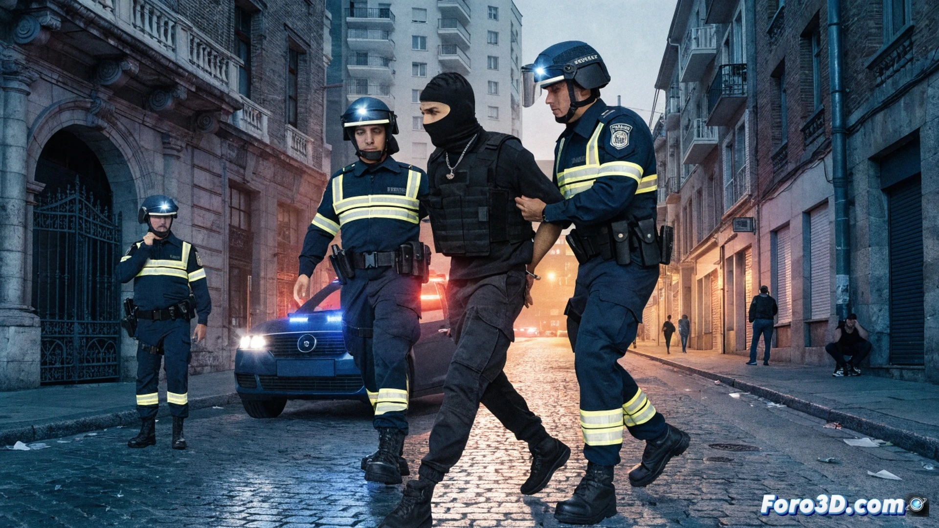 Ertzaintza officer in dark blue uniform detaining a suspect against a Bilbao street wall, one hand securing the wrist while the other holds a radio, suspect wearing a hoodie with visible tension, police vehicle with flashing blue lights in background, forensic evidence bag on ground near a dropped crowbar, cinematic photorealistic style, dramatic low-angle shot, wet asphalt reflecting city lights, ultra-detailed tactical gear and badge, intense chiaroscuro lighting emphasizing the arrest action, hyperrealistic textures of fabric and metal, dynamic motion blur on passing pedestrians