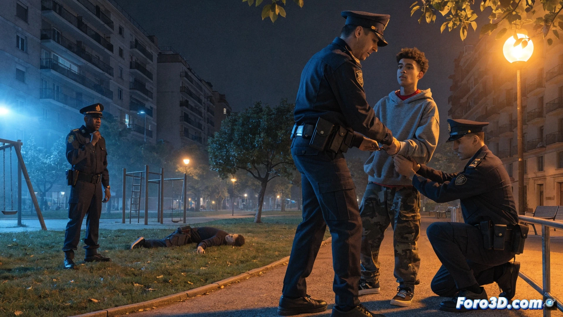 nighttime urban park crime scene, forensic team examining evidence under harsh floodlights, yellow crime scene tape cordoning off a playground area, mossos d’esquadra officers in tactical vests securing the perimeter, a suspect being handcuffed and led to a patrol car in the background, avenida meridiana visible with streetlights and fleeing silhouettes, cinematic photorealistic style, cold blue and amber street lighting, high contrast shadows, motion blur on running figures, detailed police equipment and radio gear, dramatic tension, ultra-realistic textures, technical crime scene visualization