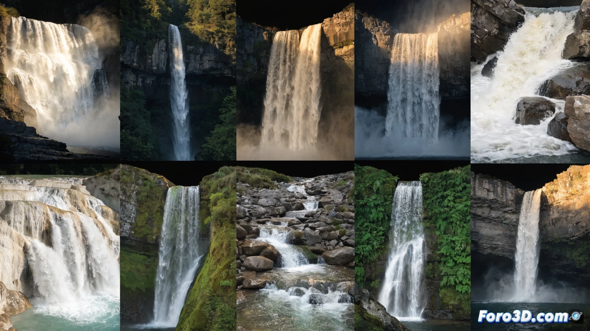 Cascada natural de Marmore en Umbría, agua blanca cayendo sobre rocas calizas mientras turistas con mochilas técnicas y botellas reutilizables caminan por el sendero de acceso público, vapor fresco elevándose durante la tarde soleada, mostrando el proceso de refrigeración natural del entorno, photorealistic cinematic landscape, luces solares filtrándose entre árboles mediterráneos, rocas erosionadas por el flujo continuo, agua en movimiento con efecto seda, azules y verdes vibrantes, profundidad de campo amplia, sensación de alivio térmico visual