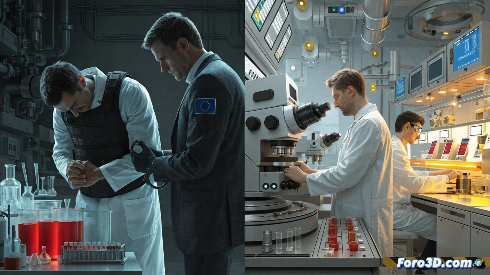 Two scientists in hazmat suits face each other across a lab table, one holding a UN sanction document, the other pouring green liquid into a beaker, while EU funding charts glow on a monitor behind them, cinematic photorealistic technical illustration, cold blue and toxic green lighting, glass vials and pipettes on steel surface, dual-sided action showing accusation and complicity, dramatic shadows, high-contrast industrial atmosphere, ultra-detailed protective gear and laboratory equipment