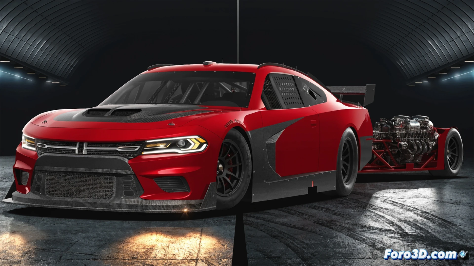 Dodge Charger NASCAR 2027 stock car performing a high-speed pit stop, crew members in fire suits using pneumatic impact wrenches on wheel nuts, hood open revealing a massive V8 engine block with RAM-derived intake manifold, engine bay glowing with heat waves, vintage 1967 Charger silhouette ghosted in background smoke, cinematic motorsport photography style, dramatic stadium floodlights, tire rubber particles flying, metallic blue paint with orange racing stripes, photorealistic mechanical detail, motion blur on spinning wheels, sparks from brake rotors, technical engineering visualization