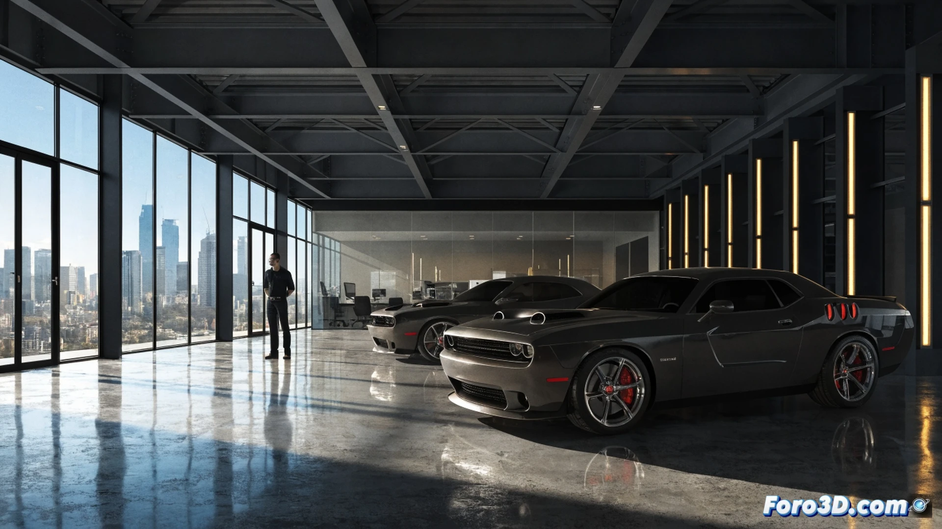 Dodge Challenger Demon en exhibición en concesionario de lujo en California, mostrando tres unidades alineadas bajo focos led de alto brillo, capó abierto revelando motor V8 sobrealimentado con conductos de admisión visibles, un vendedor con tableta digital verificando precios en sistema CRM mientras un comprador examina el chasis trasero con linterna, reflejos metálicos en pintura negra y azul, suelo de concreto pulido, luces de neón rojo en el techo, estilo cinematic photorealistic, iluminación dramática de estudio, sombras nítidas, textura detallada de neumáticos y escape, fondo con banderas de concesionario y vitrinas de accesorios