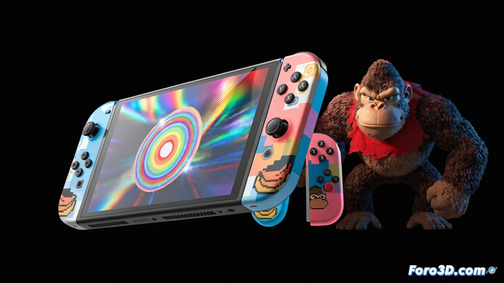 Nintendo Switch 2 consola siendo personalizada con funda lenticular de Donkey Kong, manos ajustando cubierta de mando con textura de barril, destornillador y herramienta de precisión sobre mesa de madera, barril de DK a medio montar junto a pantalla mostrando animación de 8 bits, proceso de ensamblaje detallado, estilo cinematic photorealistic, iluminación cálida de estudio, reflejos metálicos en bisagras, plástico brillante con efecto 3D, fondo desenfocado con cartucho retro, nostalgia técnica moderna.