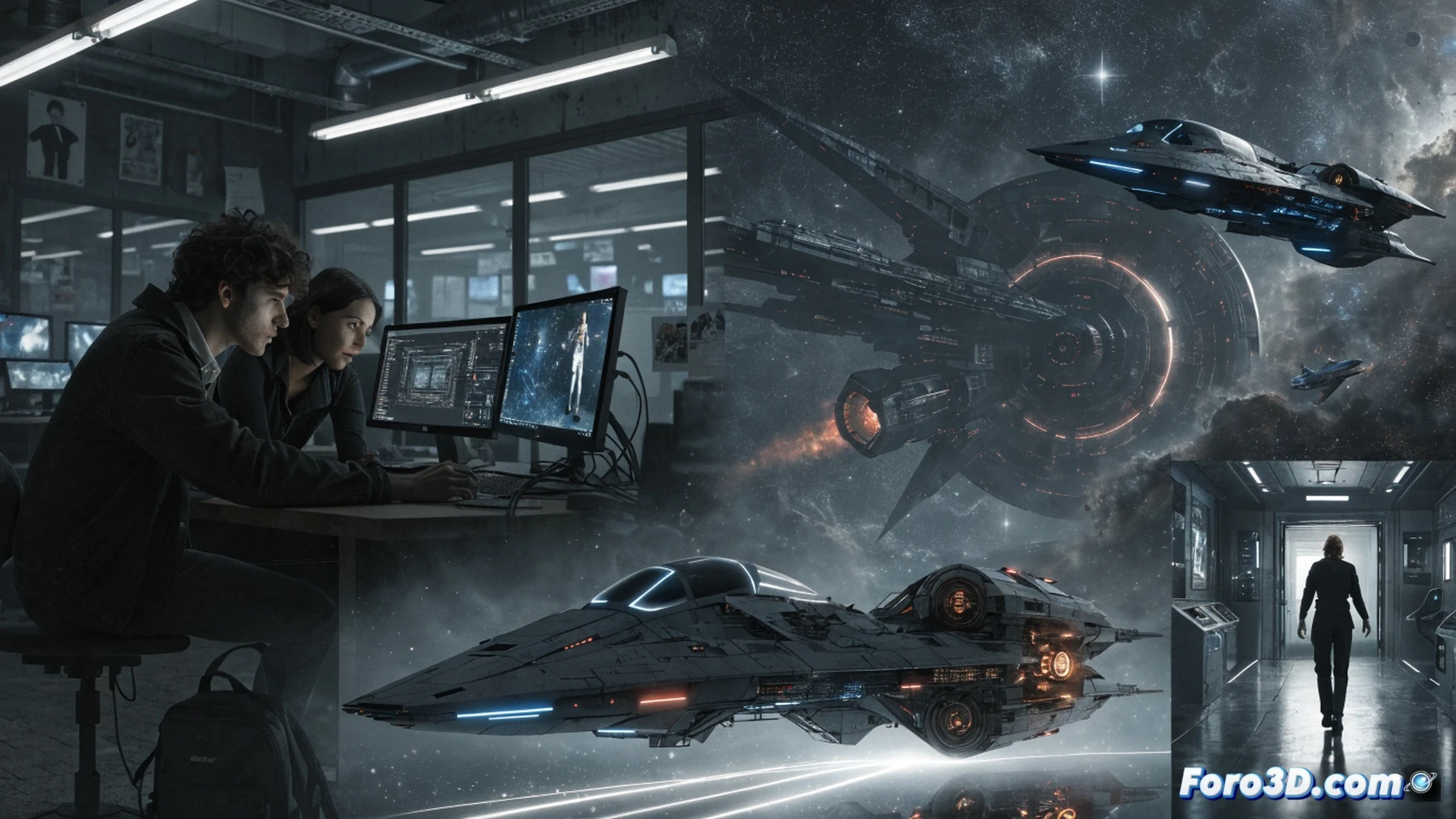 two german filmmakers inside a small home studio editing a star trek spaceship scene, one adjusting unreal engine interface on a monitor while the other operates da vinci resolve color grading panel, holographic spaceship model floating above a laptop emitting 300 glowing particle effects, cables and compact hardware scattered on desk, cinematic technical visualization, photorealistic lighting, blue and orange contrast, motion blur on spaceship particles, detailed keyboard and screen reflections, dramatic low-angle shot showing creative process