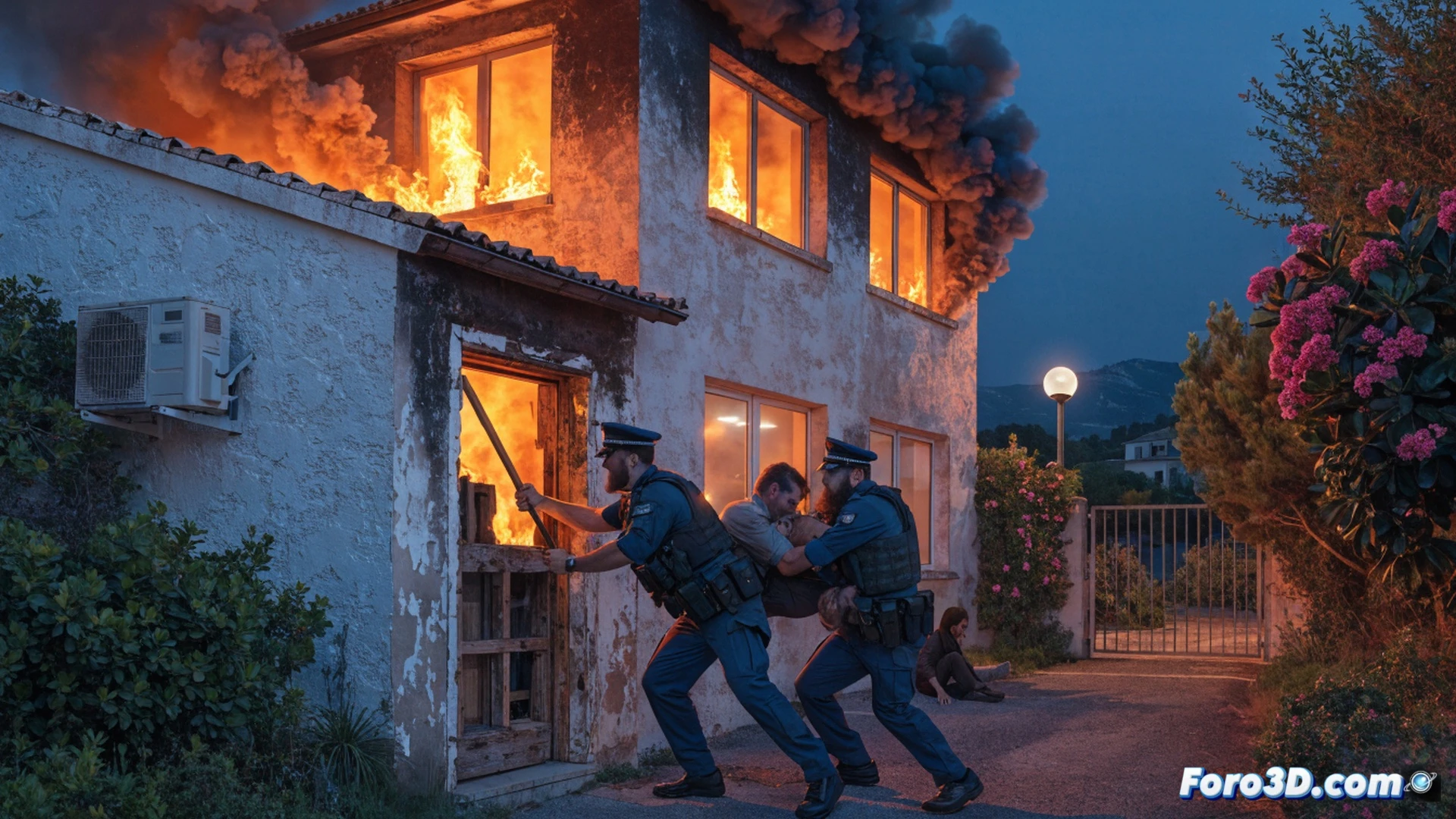 Two Guardia Civil agents in civilian clothes breaking a wooden door with a crowbar and shoulder force, smoke billowing from a residential building in Cala Ratjada, flames visible through an upper window, a man inside collapsed near the entrance with minor burns, four evacuees exiting the staircase, ambulance lights flashing in the background, photorealistic emergency rescue scene, dramatic chiaroscuro lighting, high contrast between orange fire glow and blue night sky, realistic smoke density, cinematic action shot, detailed facial expressions of urgency, debris scattered on the floor, technical accuracy in rescue dynamics