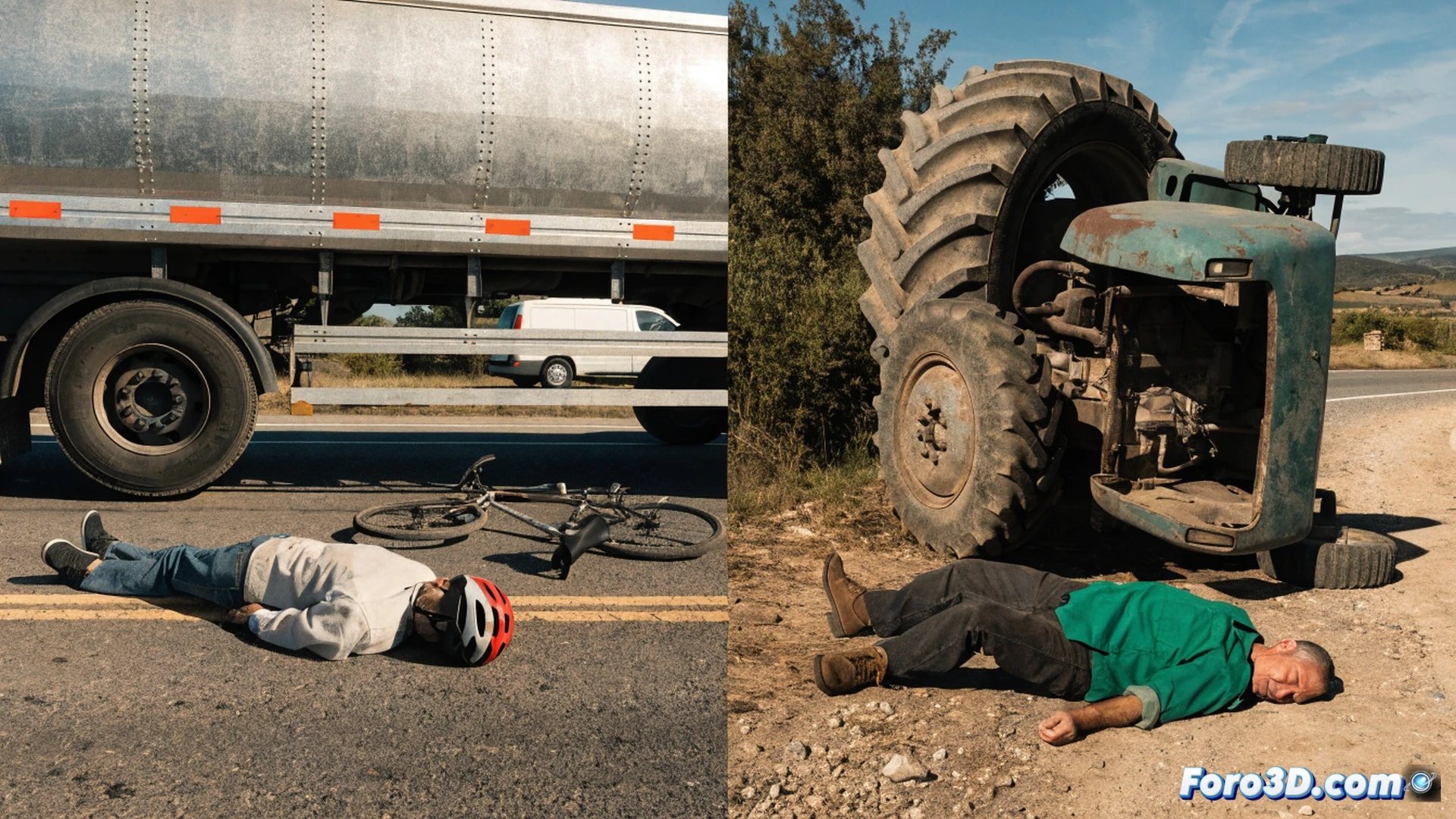 agricultural tractor overturned in a rural dirt road ditch, elderly farmer figure lying motionless nearby, twisted metal wheel and hydraulic arm visible, distant N-234 highway with a parked truck and police car lights flashing, cinematic photorealistic illustration, golden hour sunset casting long shadows, dust particles suspended in air, shattered glass fragments on gravel, emergency beacon reflection on wet asphalt, dramatic contrast between rural landscape and highway infrastructure, ultra-detailed terrain textures, somber mood lighting, technical accident reconstruction visualization