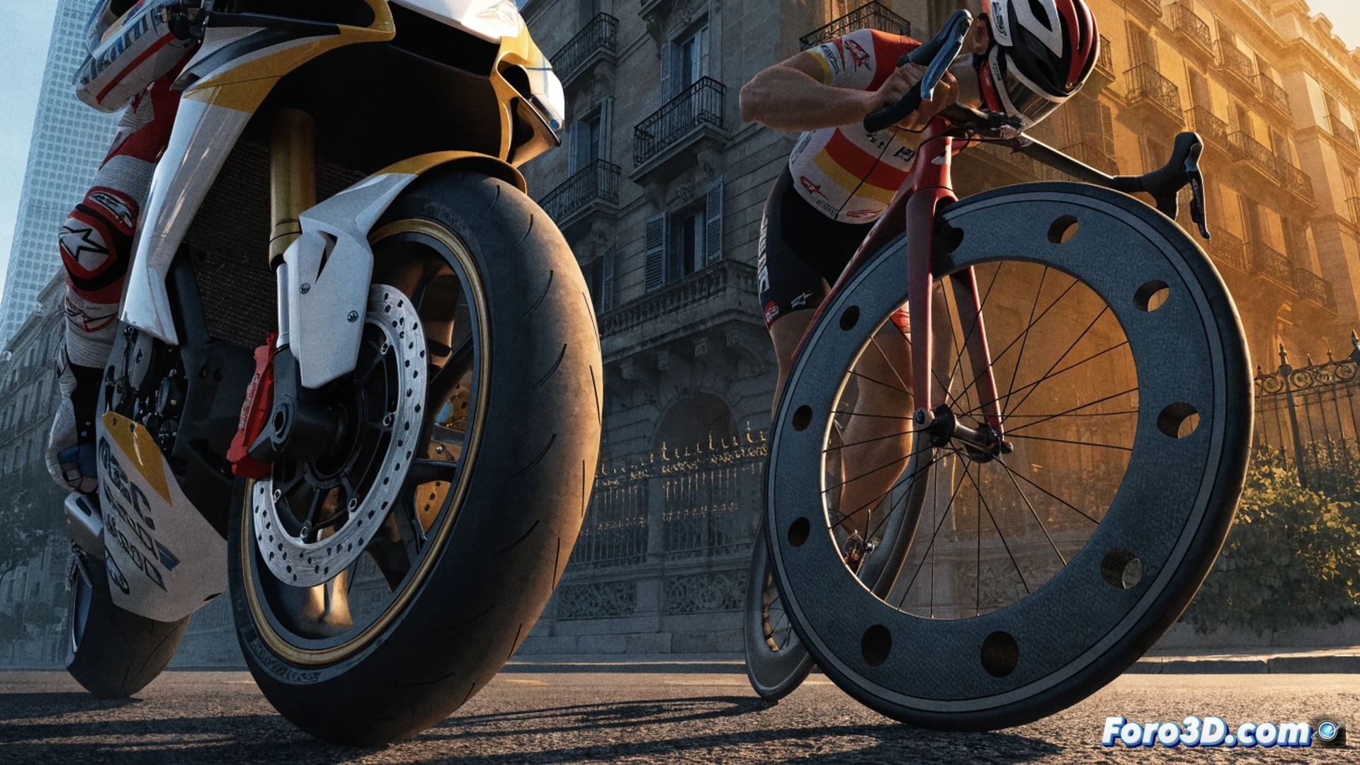 Two elite athletes cycling side by side on a winding Catalan coastal road at sunrise, Marc Márquez on a Ducati superbike leaning into a sharp curve while Tadej Pogacar on a Colnago racing bike powers through a climb, both wearing aerodynamic helmets and team kits, sweat and dust visible on their gear, motion blur on spinning wheels and chainrings, cinematic photorealistic style, golden hour lighting casting long shadows, dramatic sky with clouds, rugged Mediterranean landscape in background, ultra-detailed carbon fiber frames and leather racing suit textures, high-speed action frozen in time, inspiring sports collaboration scene
