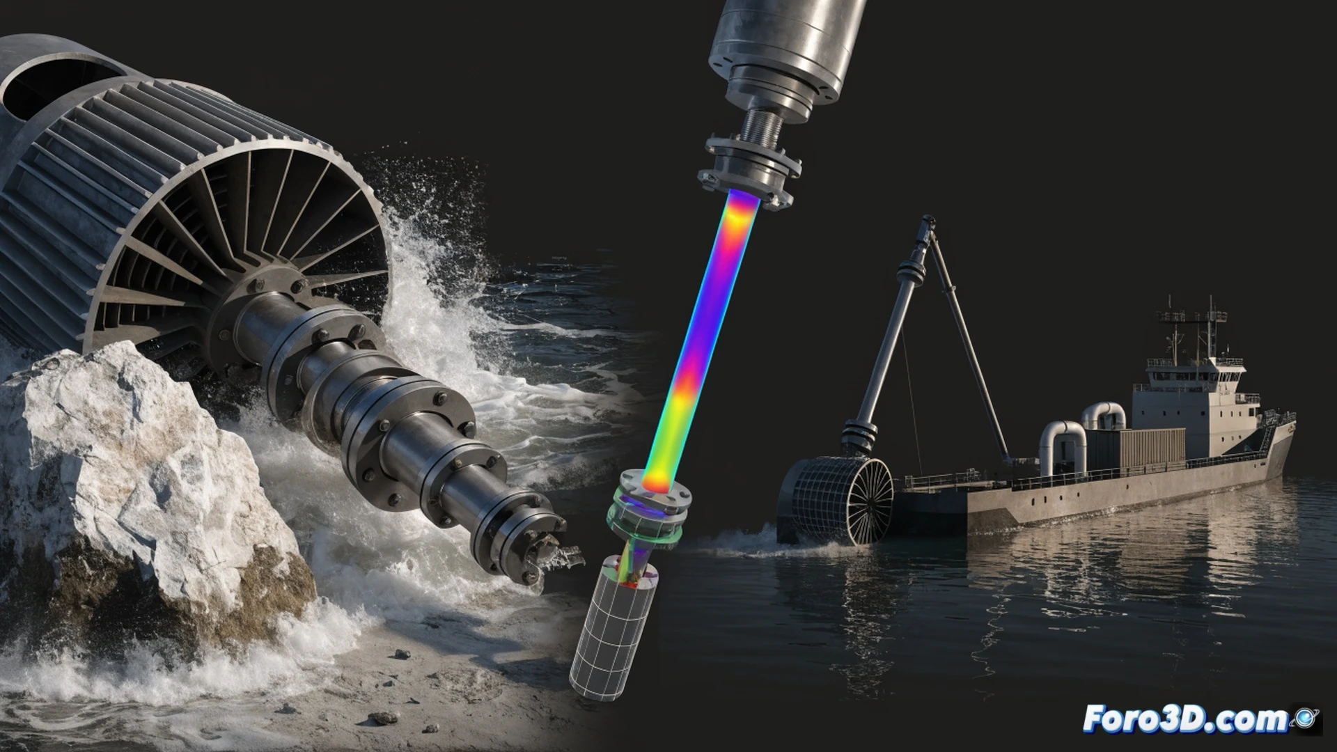industrial underwater dredging scene, broken impeller shaft suspended in dark murky water, jagged fracture surface visible with rock fragment embedded in metal, scanning laser beam from PolyWorks measuring damaged area, 3D point cloud reconstruction floating as holographic wireframe overlay, ANSYS Fluent simulation displayed on transparent screen showing fluid flow vectors and stress contours around new shaft design, engineering team in dry suits examining components, dramatic underwater lighting with blue-green tint, photorealistic technical visualization