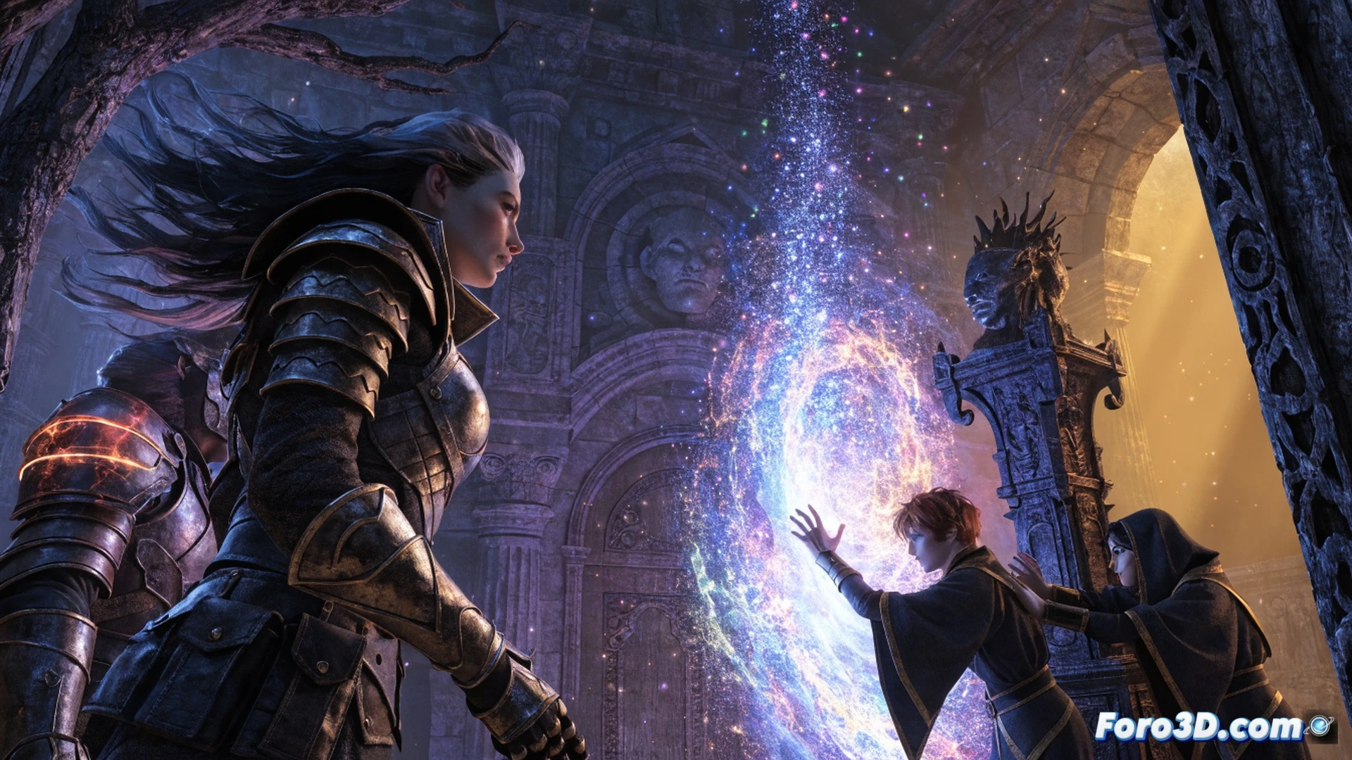 mage casting a massive particle spell in a ruined elven temple, thousands of glowing blue and violet magic particles swirling around her hands and exploding outward, Frostbite Engine real-time particle simulation shown, dynamic global illumination casting colorful light reflections on stone pillars and her metallic armor, cinematic photorealistic fantasy render, hyper-detailed magical effects with floating dust motes and embers, dramatic side lighting from spell glow, action pose with cape billowing, ultra-detailed armor textures and weathered stone, no text or numbers visible