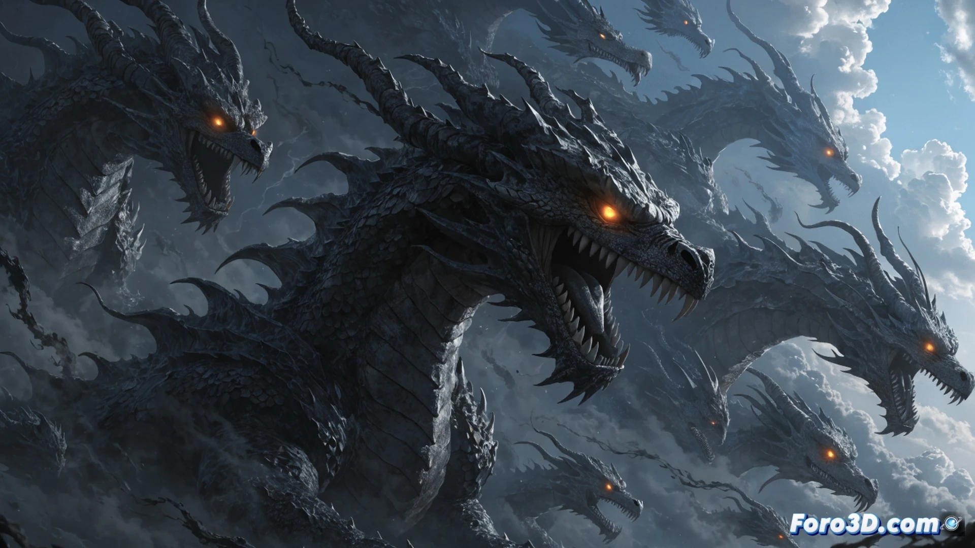 Dragones de las Sombras emergiendo de esferas del dragón agrietadas, humo oscuro formando figuras serpentinas con ojos brillantes, personajes de anime luchando contra tentáculos de sombra en un paisaje urbano destruido, durante un ataque energético, mostrando grietas en el suelo y escombros flotando, estilo cinematográfico épico, iluminación dramática con contrastes de luz y sombra, texturas de escamas metálicas y energía púrpura, render fotorrealista con efectos de partículas y niebla densa, composición dinámica de acción y destrucción