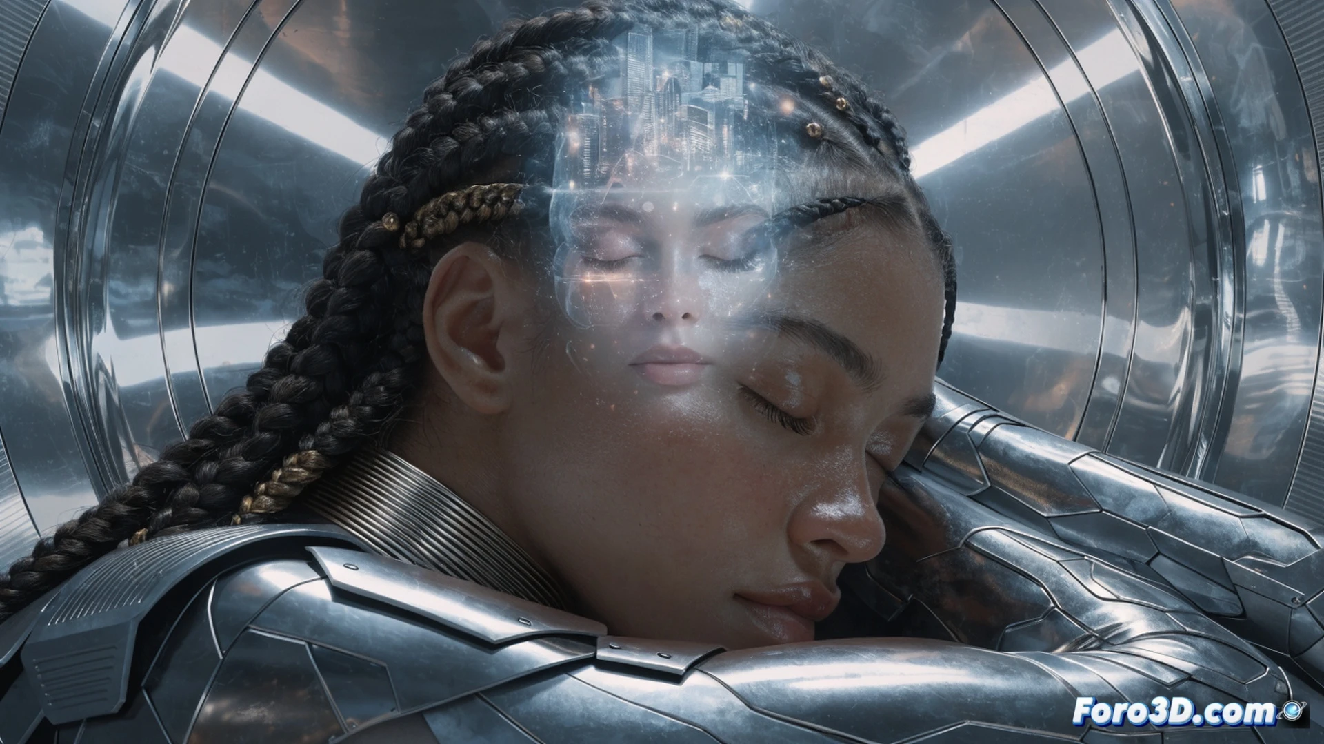 Dream Girl floating in a dark futuristic chamber, eyes closed while glowing holographic future visions project from her temples, Legion ring on her finger emitting faint light, abandoned control panel with dust-covered screens showing static, cinematic sci-fi visualization, dramatic shadows across her face, translucent dream sequences of battles fading into empty space, photorealistic technical render, cold blue and purple neon lighting, ultra-detailed costume textures, isolated forgotten superhero atmosphere
