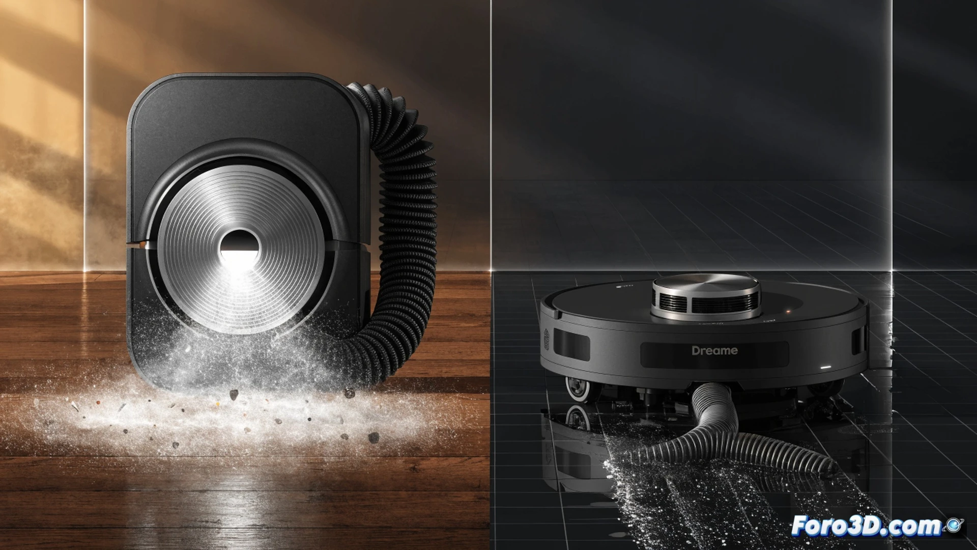 Dreame Z30 Pro Aqua aspiradora vertical en acción sobre suelo de madera, tubo plegable desplegado alcanzando debajo de un sofá bajo, cepillo motorizado girando con pelusas visibles, depósito de agua y mopa acoplados pero apenas humedeciendo la superficie, polvo fino sin recoger junto al borde, accesorios adicionales como boquilla para rincones y cepillo pequeño abandonados en el fondo del encuadre, luz LED en cabezal iluminando partículas, peso de 2,2 kg indicado visualmente por la tensión del brazo del usuario, estilo cinematográfico y fotorrealista, iluminación cálida de hogar, texturas detalladas de madera y plástico, enfoque nítido en el cabezal y la suciedad residual.