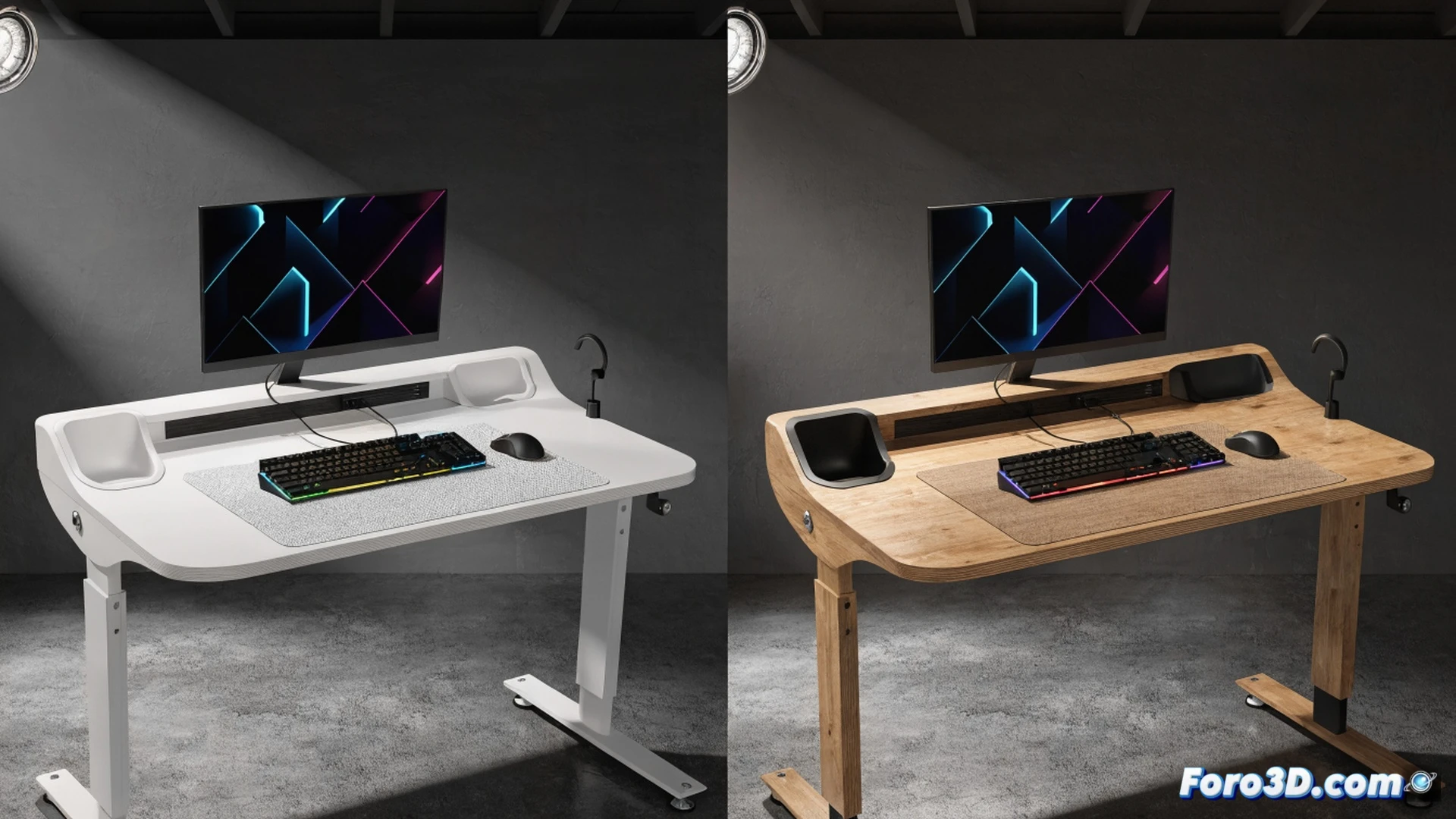 Drift DZ175 White gaming desk setup, clean white surface with integrated cable management tray, mesh cable sleeve routing wires downward, black gaming peripherals arranged on large mousepad, a smartphone resting in the side cup holder, headphones hanging from metal hook, adjustable feet leveling on slightly uneven floor, wooden floor texture visible, minimalist modern bedroom background, soft natural light from window, photorealistic product visualization, crisp shadows, subtle reflections on white laminate surface, demonstrating practical cable organization and space-saving design, cinematic composition with shallow depth of field