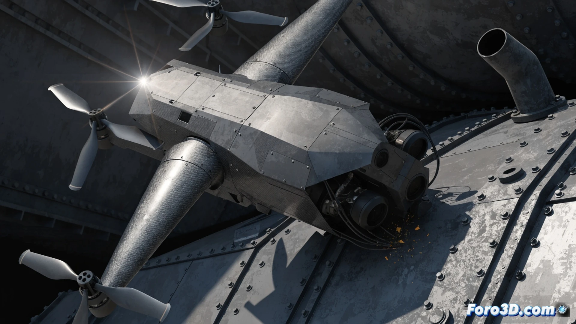 Quadcopter drone crashing into the curved metallic wall of a fuel tank interior, optical flow sensor blinded by intense reflections from the glossy tank surface, drone tilted mid-collision with rotor blades striking steel, sparks and motion blur during impact, cinematic engineering visualization, dark industrial environment with dramatic side lighting, photorealistic technical render, ultra-detailed carbon fiber body and sensor array, reflective metal surfaces creating distorted mirror images, debris particles suspended in air