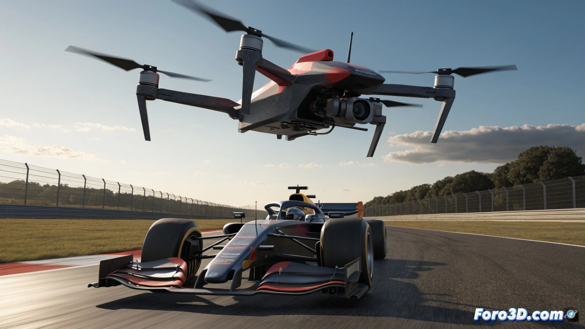 FPV racing drone flying alongside Formula 1 car at 350 km/h during Austrian Grand Prix, carbon fiber frame with four spinning propellers, aerodynamic shell, onboard camera transmitting live footage, monoplaza with blurred wheels and glowing brake discs, sparks from tire contact with track, motion blur on both vehicles, grandstand and safety barriers in background, cinematic action shot, photorealistic technical illustration, dramatic sunset lighting, dynamic angle from drone perspective, high-speed atmosphere with dust particles