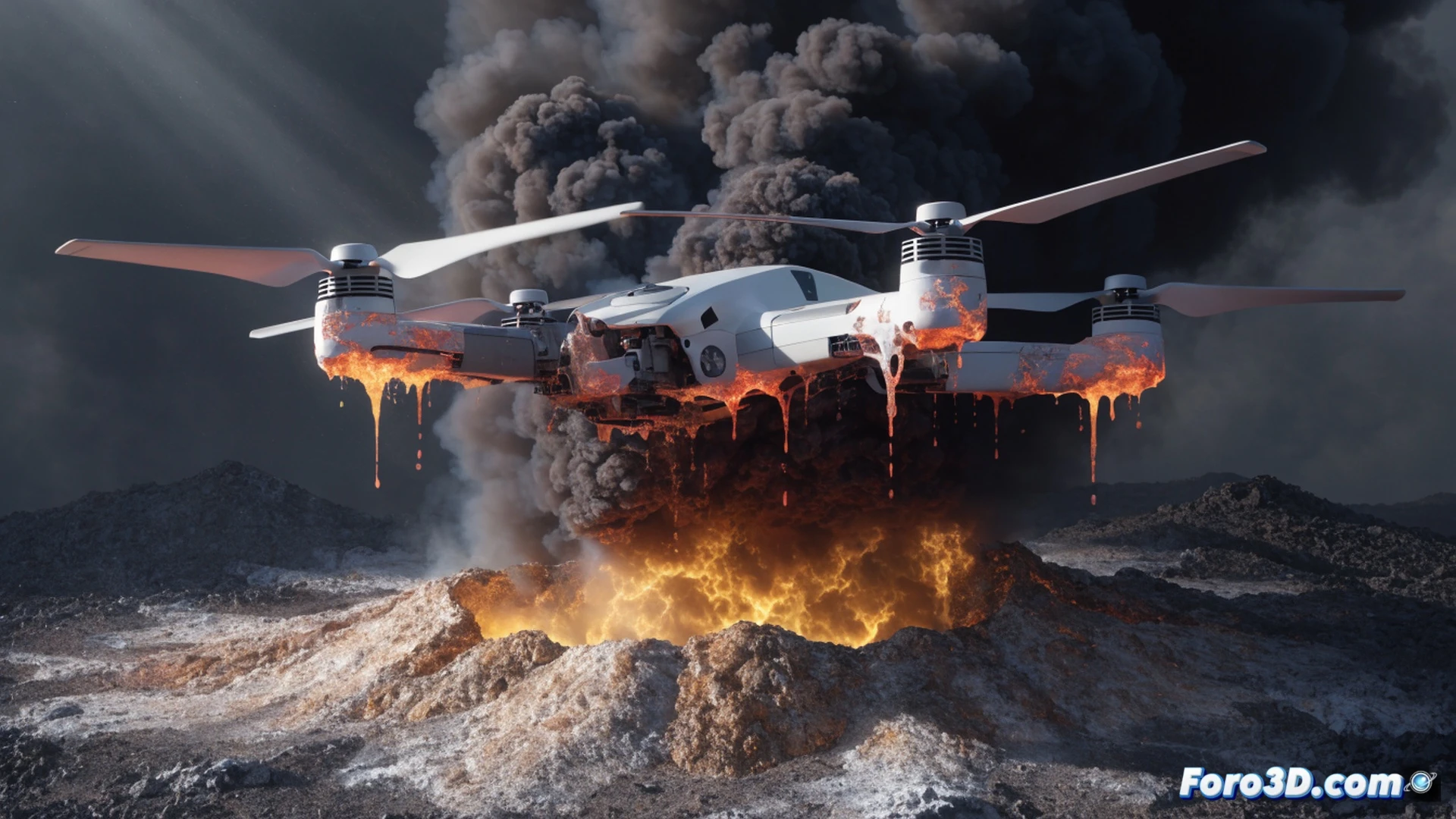 technical illustration of a quadcopter drone mid-flight over a volcanic fumarole, extreme thermal convection causing plastic motor mounts to melt and deform, one motor detaching mid-air, glowing orange heat haze distorting the air around the drone, molten plastic dripping from the frame, volcanic rock and steam below, dramatic orange and black lighting, cinematic engineering visualization, ultra-detailed mechanical failure, photorealistic render