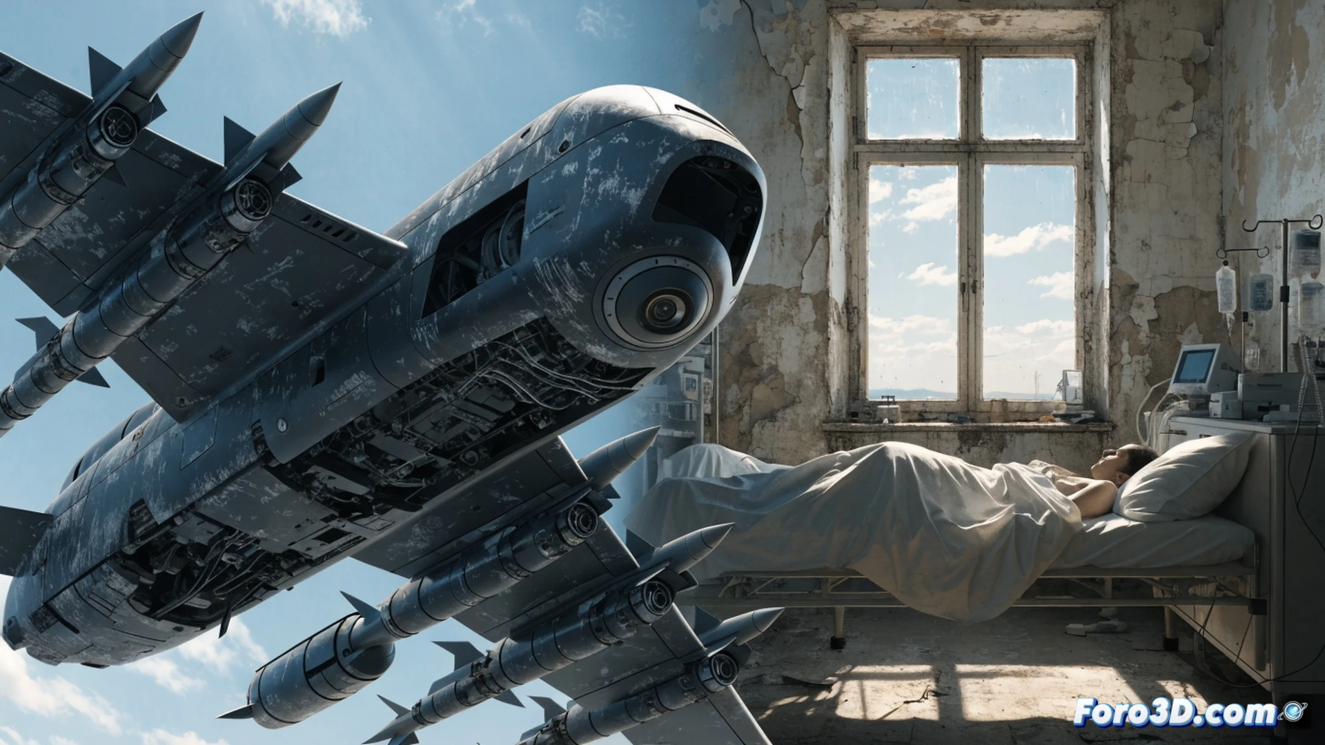 cinematic photorealistic scene showing a military drone with AI targeting sensors flying over a rural Ukrainian field, its shadow falling across a damaged hospital building with a red cross symbol, contrast between advanced missile guidance software displayed on a tablet held by a soldier in the foreground and a neglected school building in the background with broken windows, drone camera feed showing crosshairs over a civilian structure while medical supplies lie abandoned nearby, dramatic overcast sky, dust and smoke particles in the air, high-contrast industrial lighting, ultra-detailed mechanical components on the drone including infrared camera and antenna array, ethical tension visualized through visual juxtaposition, technical engineering visualization style