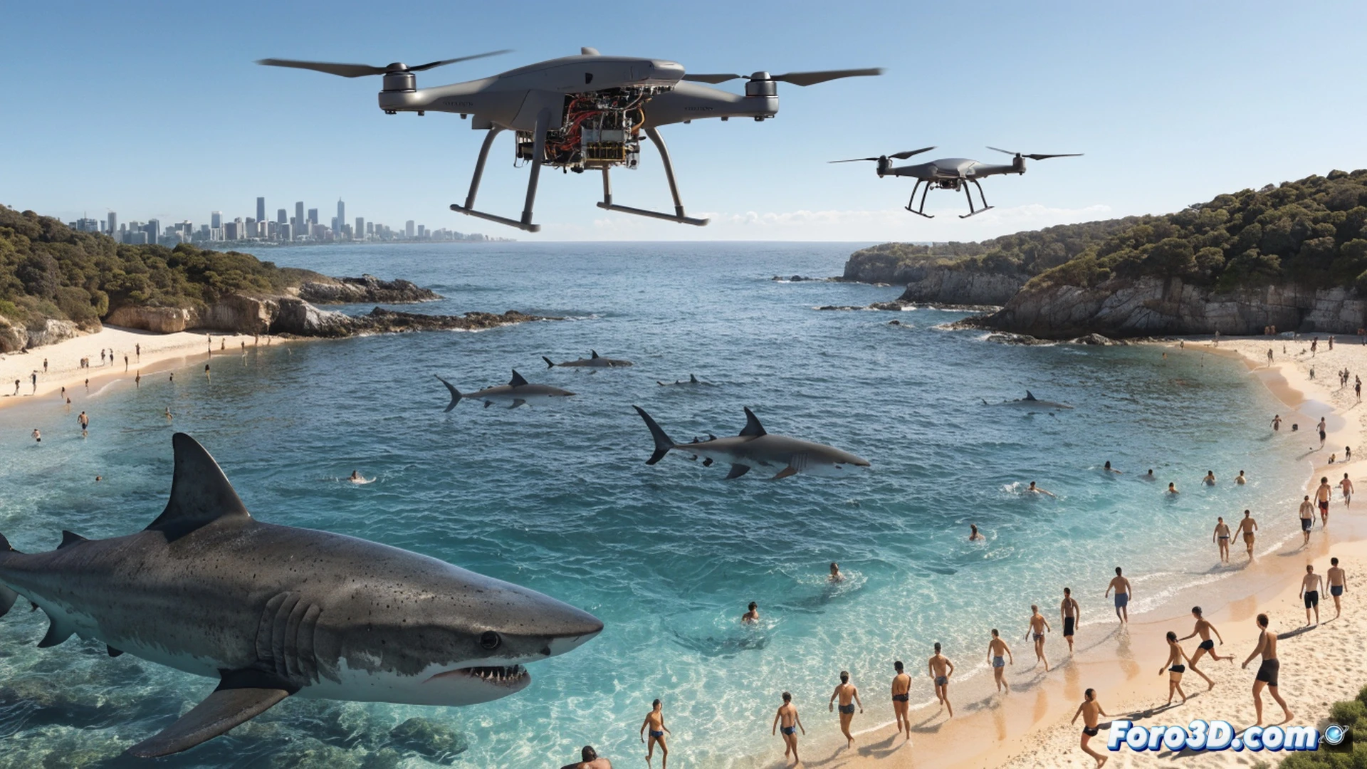 Aerial drone surveillance view over Bondi Beach, a shark fin breaking the water surface near swimmers, drone camera lens and sensors visible in lower frame corner, red warning flags being raised on the sand while lifeguards blow whistles, swimmers rushing out of the water, bright sunny Australian coastline, high-contrast cinematic photography style, realistic ocean textures, motion blur on fleeing figures, technical monitoring equipment shown in action, ultra-detailed coastal landscape, photorealistic engineering visualization