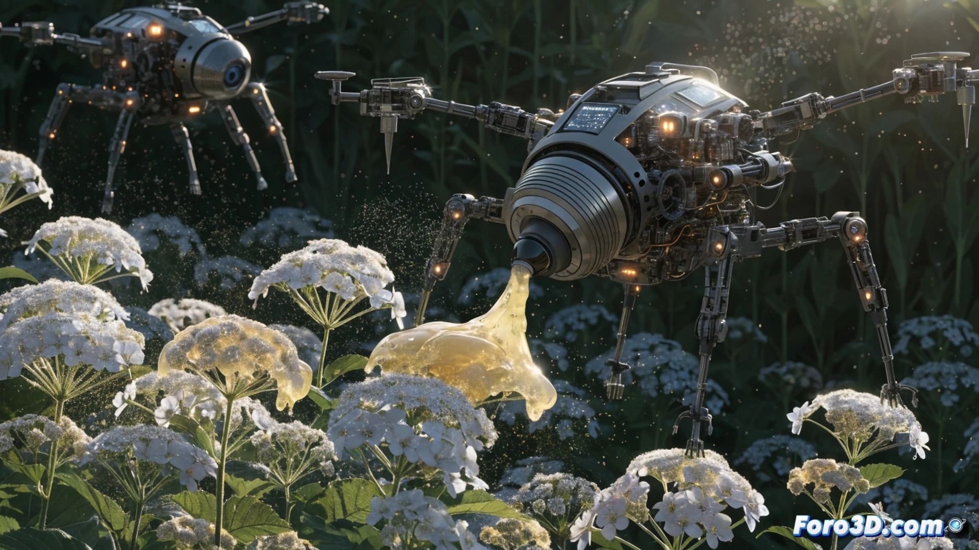 small drone hovering over a sunflower field at golden hour, drone equipped with dual high-res cameras and a pressurized micro-jet nozzle, translucent gel droplets containing pollen grains being precisely sprayed onto a flower stigma, pollen particles visible as tiny glowing spheres suspended in the gel stream, drone body with exposed circuit boards and servo motors, wings creating subtle air disturbance bending nearby petals, cinematic engineering visualization, photorealistic render, macro depth of field, warm amber sunlight backlighting the spray, metallic carbon fiber texture, hyper-detailed mechanical components, dynamic motion blur on rotor blades