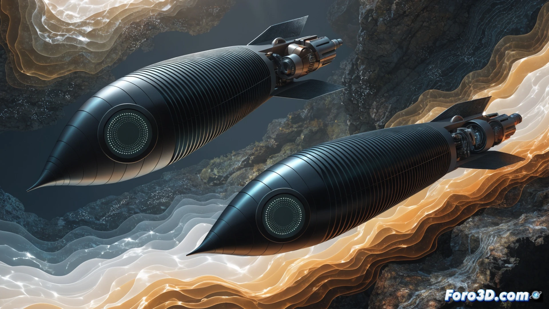 Small autonomous underwater drone descending through stratified ocean layers, recording temperature variations at different depths, glowing thermal sensors detecting warm and cold water currents, real-time data streams visualized as colorful thermal gradients flowing around the hull, multiple propeller thrusters adjusting pitch during descent, compact cylindrical body with transparent sensor domes, underwater light rays penetrating deep blue water, suspended particles and plankton visible, cinematic engineering visualization, photorealistic ocean scene, dramatic deep-sea lighting, precise mechanical details, carbon fiber texture, hydrodynamic surface reflections, technical illustration style