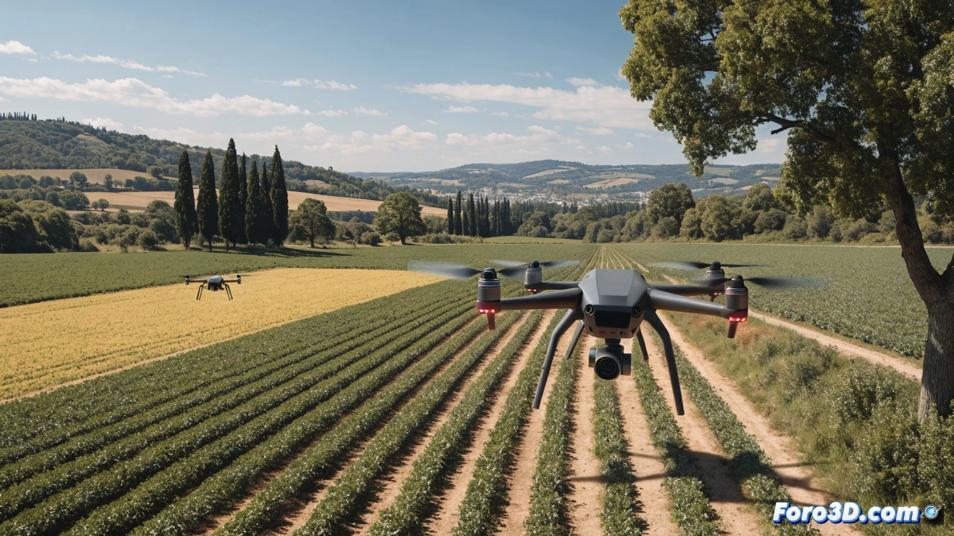 agricultural drone hovering above a wheat field at midday, camera lens zooming on a worker without shade or water, sweat on forehead, harsh sunlight casting sharp shadows, drone propellers visible, control tablet interface showing thermal and time tracking data, farm machinery idle nearby, dry cracked earth, heat haze distorting background, cinematic photorealistic style, dramatic sunlight, dust particles floating, surveillance action in progress, technical inspection demonstration, high-angle shot from drone perspective, industrial safety enforcement theme, ultra-detailed hardware and landscape