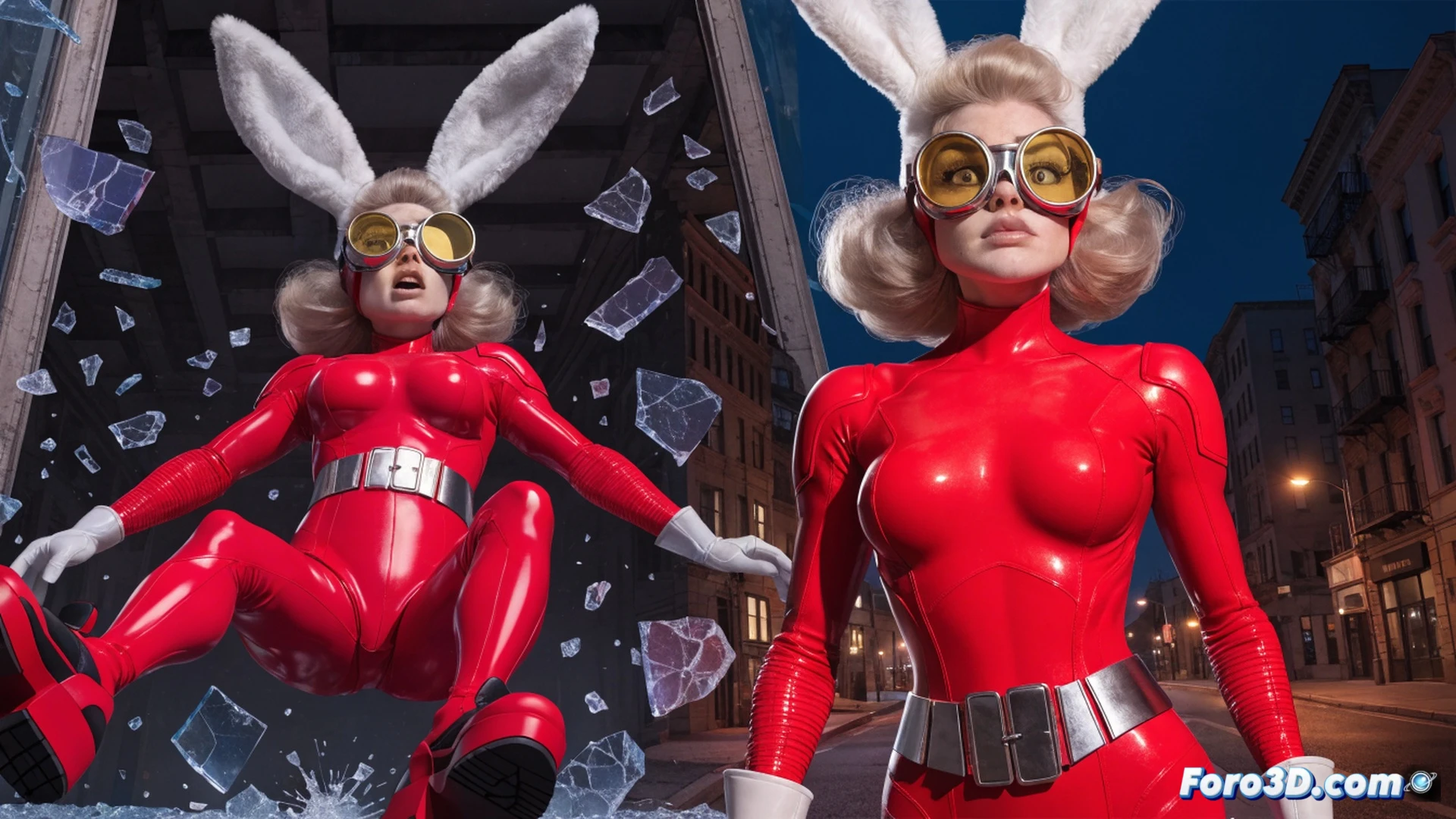 Dumb Bunny superheroína cayendo torpemente desde un edificio alto, su traje rosa y blanco desalineado, orejas de conejo dobladas, mientras intenta agarrar un cable eléctrico roto, chispas azules saltando de transformadores cercanos, fondo de ciudad nocturna con neones borrosos, estilo cómic vintage satírico, líneas de acción exageradas, textura de papel envejecido, iluminación dramática, ilustración técnica estilo años 60, demostrando torpeza heroica en plena acción