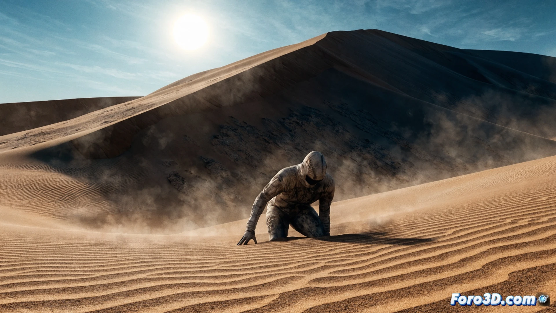 desierto de Arrakis en Unreal Engine 5, simulación de dinámica de fluidos de arena, dunas moldeándose por el viento en tiempo real, oclusión ambiental del sol abrasador proyectando sombras nítidas sobre la superficie, texturas detalladas de traje stillsuit ajustándose al cuerpo de un explorador, partículas de arena levantadas en remolinos durante una tormenta, mostrando el proceso de deshidratación en el paisaje hostil, cinematic engineering visualization, iluminación dramática naranja y dorada, ultra-detallado render fotorrealista