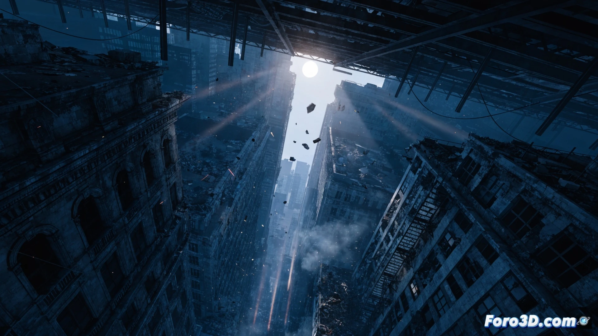survivor crouched on a rooftop edge at dusk, flashlight beam cutting through volumetric fog as shadows stretch across cracked concrete, C-Engine real-time ray tracing casting physical shadows from a broken water tower behind, 3ds Max wireframe overlay faintly visible on a distant building facade, Substance Painter texture seams showing on a rusted ventilation shaft, cinematic photorealistic technical illustration, dramatic horizontal twilight lighting, ultra-detailed urban decay, motion blur on a fleeing infected figure below, glowing volumetric light cone from flashlight interacting with dust particles, dark blue-orange contrast, engineering visualization of dynamic global illumination shift