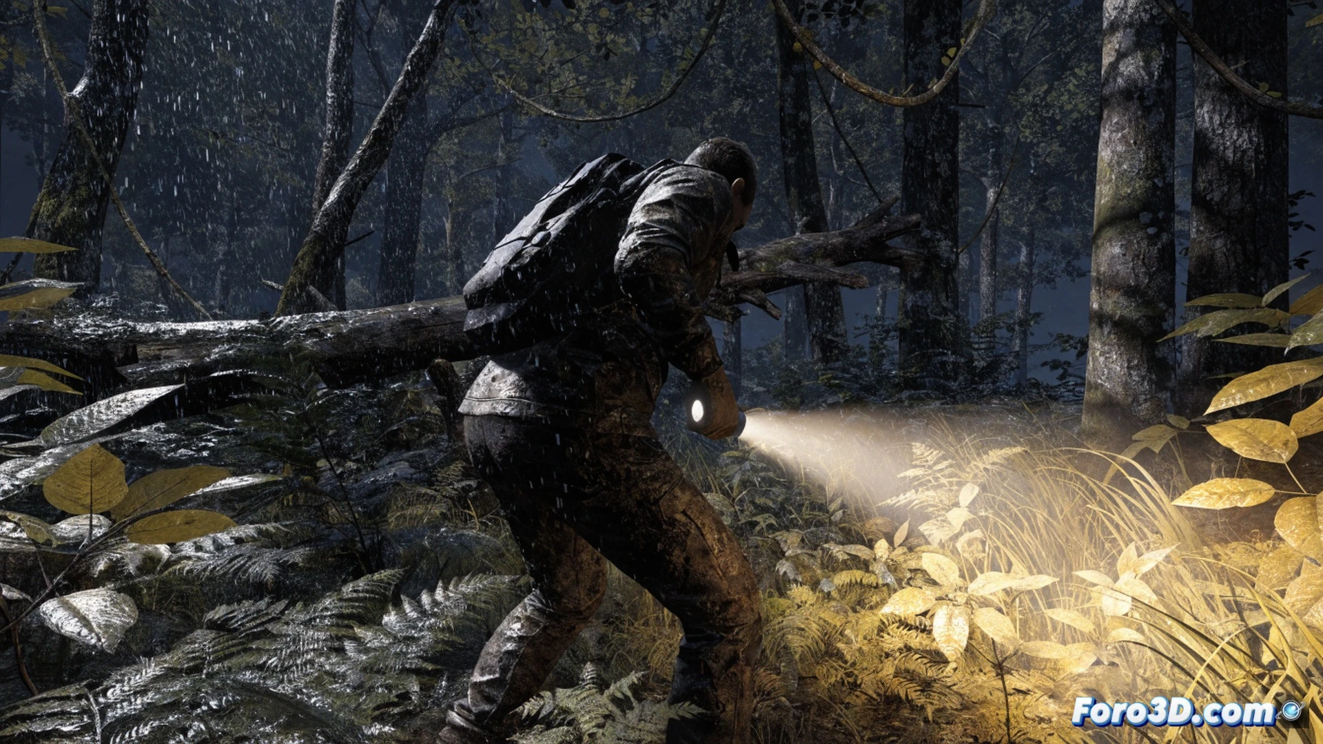 dense forest environment at night in Dying Light The Beast, player character wielding a flashlight with ray-traced dynamic illumination cutting through thick fog and rain, wet mud and water dripping off detailed character model, vegetation reacting physically to movement as player pushes through ferns and branches, realistic puddles forming on muddy ground, cinematic photorealistic technical illustration, C-Engine rendering volumetric lighting and particle effects, dark green and brown color palette, hyper-detailed foliage textures, rain streaks catching light, motion blur on swinging vegetation, dramatic atmospheric lighting with deep shadows