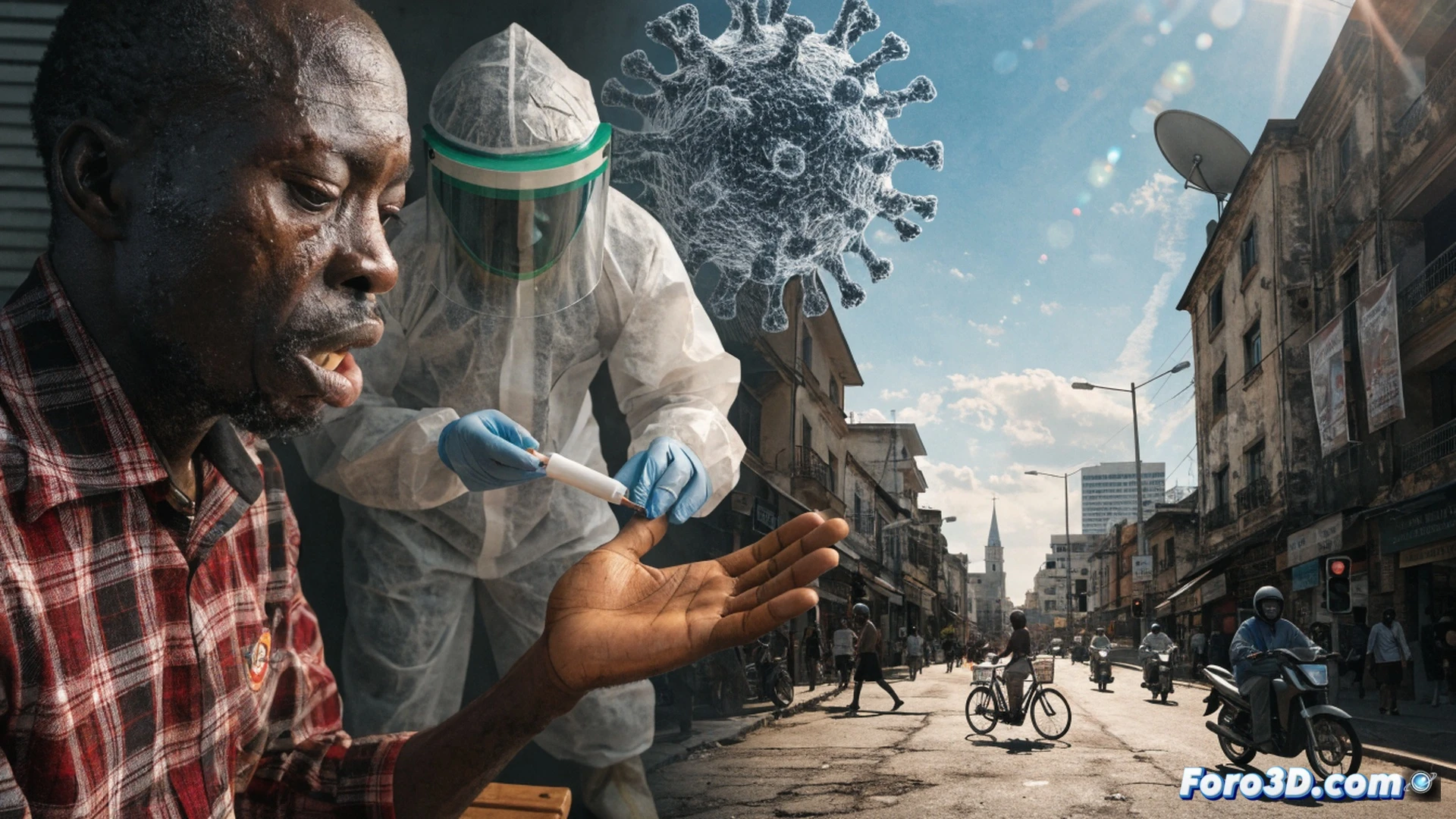 Ébola outbreak in urban DRC, medical workers in hazmat suits spraying disinfectant on a crowded street, a red biohazard tent set up near a market, local residents wearing masks walking quickly past, a white ambulance with flashing lights in the background, dust and smoke particles in the air, cinematic photorealistic style, dramatic sunlight casting long shadows, high contrast, urgent crisis atmosphere, showing the intersection of public health response and daily life