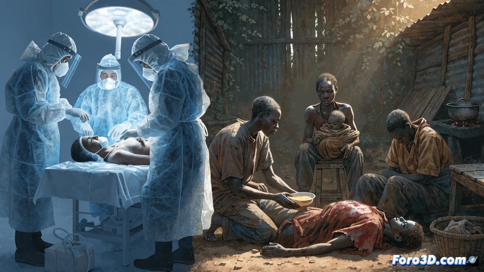 African medical workers in full hazmat gear loading emergency medical supply crates onto a rusted pickup truck under heavy rain, contrasting with a distant modern cargo jet marked with G20 logos parked on a flooded dirt runway, empty vaccine coolers stacked nearby, cracked red earth, dramatic storm clouds, cinematic photorealistic style, urgent action visible as workers struggle with wet boxes, muddy boots, technical medical equipment cases with biohazard symbols, glowing red emergency lights on the truck, ultra-detailed textures of rain on plastic suits, hopeful yet desperate atmosphere, high-contrast lighting