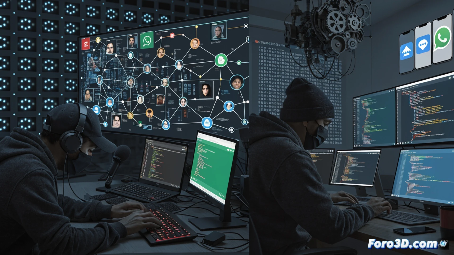 Cybercriminals disguised as WhatsApp and Signal support agents stealing backup keys from a smartphone screen, digital padlock icons breaking apart while glowing red alert symbols appear, hacker silhouette reflected in phone display during phishing attack, technical illustration style, dark server room background with floating data streams, realistic phone UI showing fake login page, metallic briefcase with 10M dollar symbol glowing nearby, dramatic blue and red lighting, ultra-detailed keyboard and network cables, photorealistic forensic cybersecurity visualization