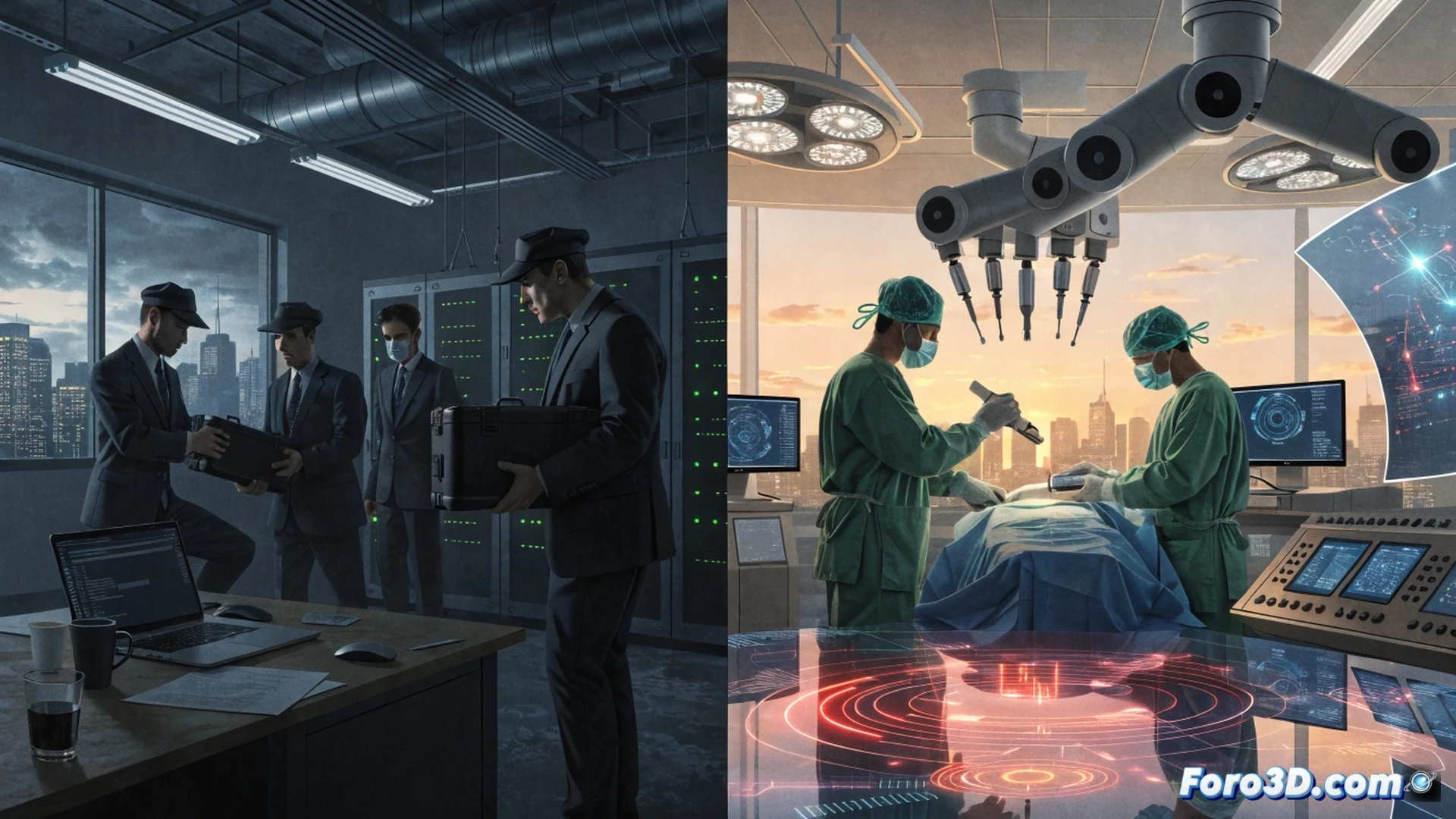 photorealistic technical illustration showing a crumbling concrete wall splitting the scene in two halves, left side labeled with glowing Chinese AI servers being dismantled by robotic arms while workers walk away, right side showing American government agents placing padlocks on advanced Anthropic server racks, tangled fiber optic cables being cut mid-air, holographic blueprints of neural network architectures fading into static, dust particles floating in dramatic side lighting, cracked floor tiles revealing broken circuit traces, cinematic industrial lighting with amber warning lights, ultra-detailed mechanical components and cooling pipes, subtle motion blur on falling tools, engineering visualization style