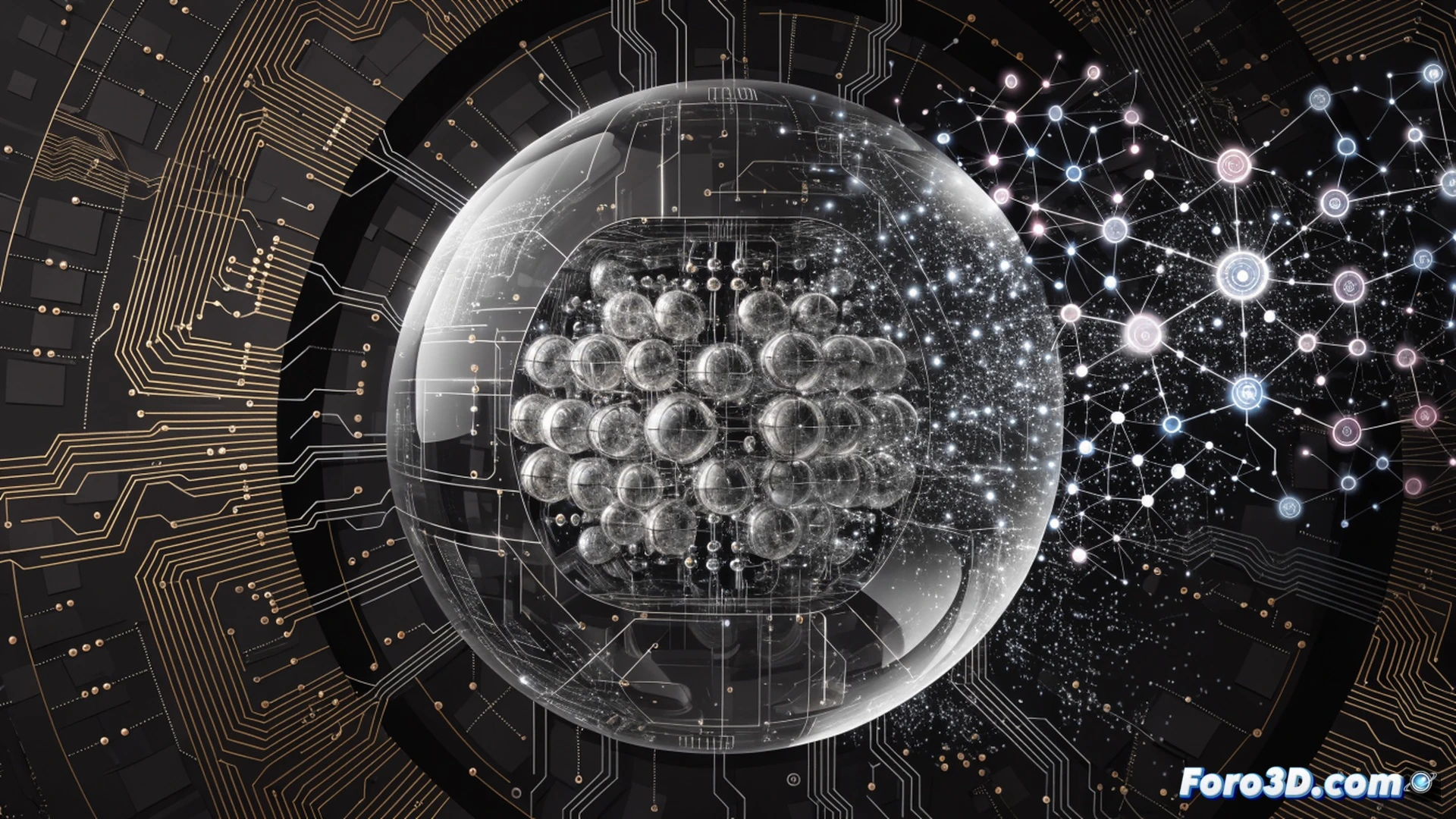 Floating quantum processor core inside a cryogenic chamber, glowing qubit lattice being stabilized by surrounding laser arrays, AI error-correction algorithms visualized as holographic control rings pulsing around the system, technician adjusting superconducting wiring in foreground, pharmaceutical molecule and crop DNA helix forming from quantum calculations projected above the machine, cold blue and neon orange lighting, metallic vacuum chamber walls with condensation, cinematic photorealistic engineering visualization, dramatic volumetric light beams, ultra-detailed mechanical and optical components