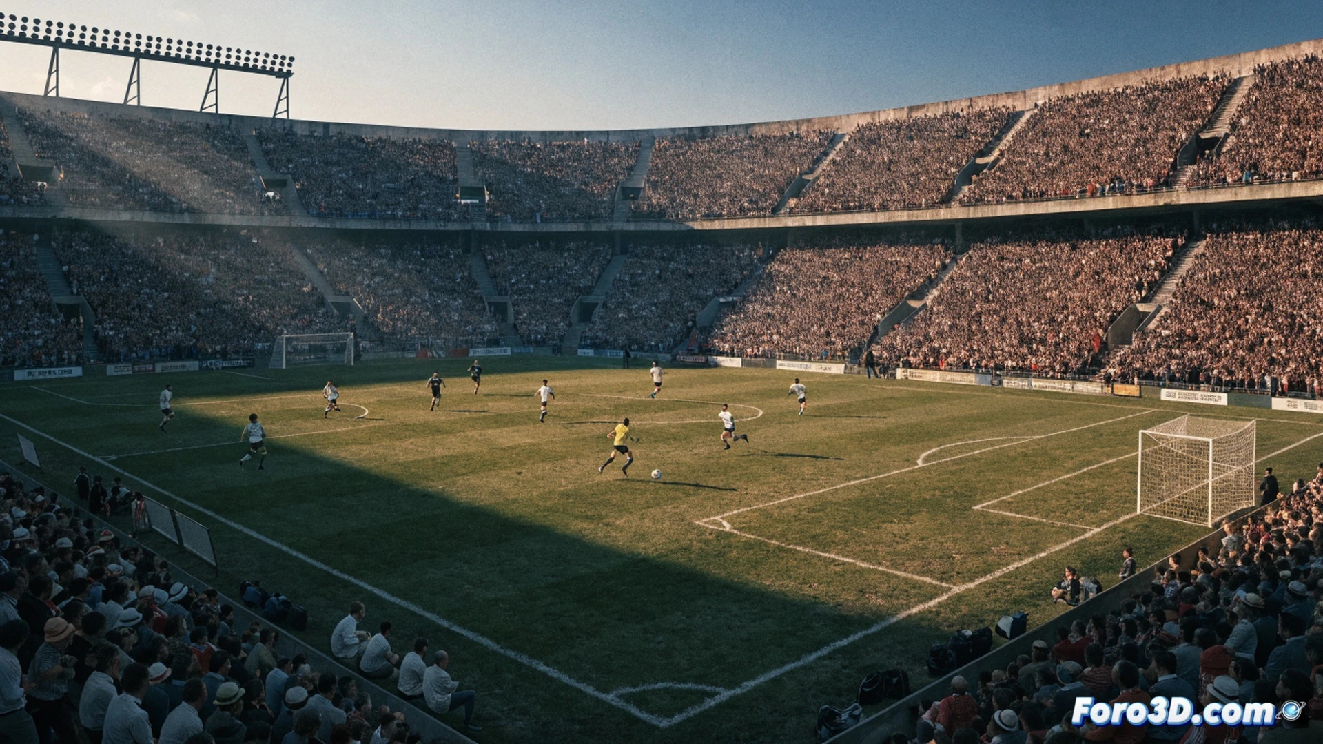 Cinematic wide shot of a 1970s Brazilian stadium recreated with invisible VFX, digital crowd of thousands cheering in geometric formation, Pelé mid-kick with realistic motion blur, glowing wireframe overlay showing hidden CGI layers around players and stands, photorealistic grass texture, vintage warm color grading with subtle film grain, technical workstation in foreground displaying 3D modeling software timeline, monitor showing crowd simulation parameters, dramatic golden hour lighting, ultra-detailed period-accurate jerseys and goalposts, seamless blend between live-action and digital elements