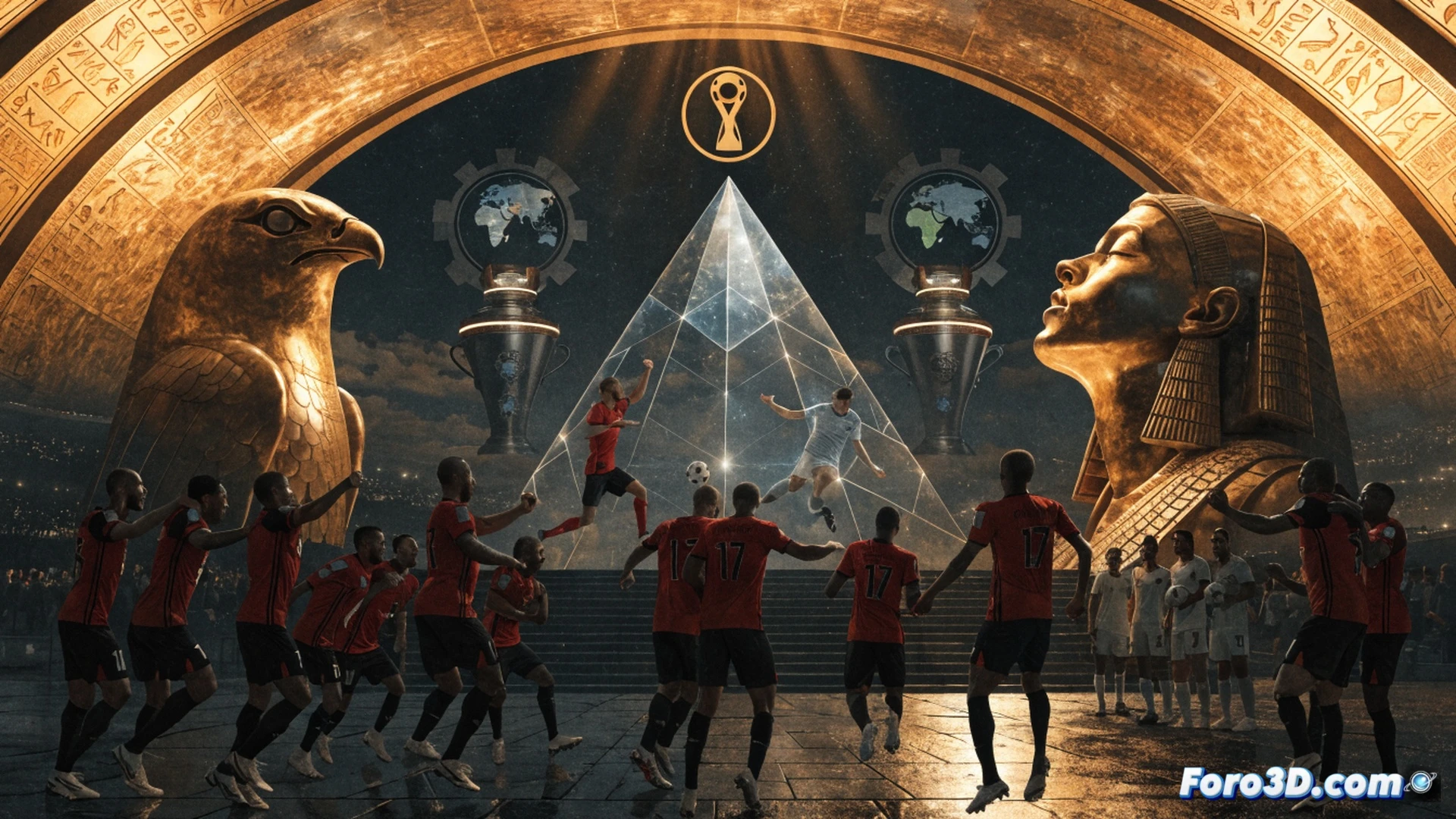 Egyptian football players celebrating a penalty shootout victory, goalkeeper diving to save a ball while teammates rush toward him, stadium floodlights illuminating the scene, technical motion analysis overlay showing ball trajectory and player positioning, cinematic sports photography style, dramatic shadows on the grass, sweat droplets frozen in mid-air, ultra-detailed uniforms and facial expressions, photorealistic render with high contrast lighting