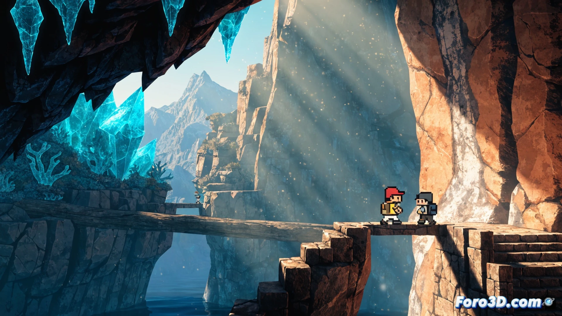 pixel art sprite of a warrior swinging a glowing sword in a detailed 3D forest, depth of field blurring distant trees and fireflies, HD-2D contrast between sharp retro character and modern volumetric lighting, particle effects sparking from blade impact, layered parallax background showing ancient ruins, cinematic technical illustration, nostalgic JRPG scene with dynamic action, soft ambient glow, realistic shadow cascades, ultra-detailed foliage textures